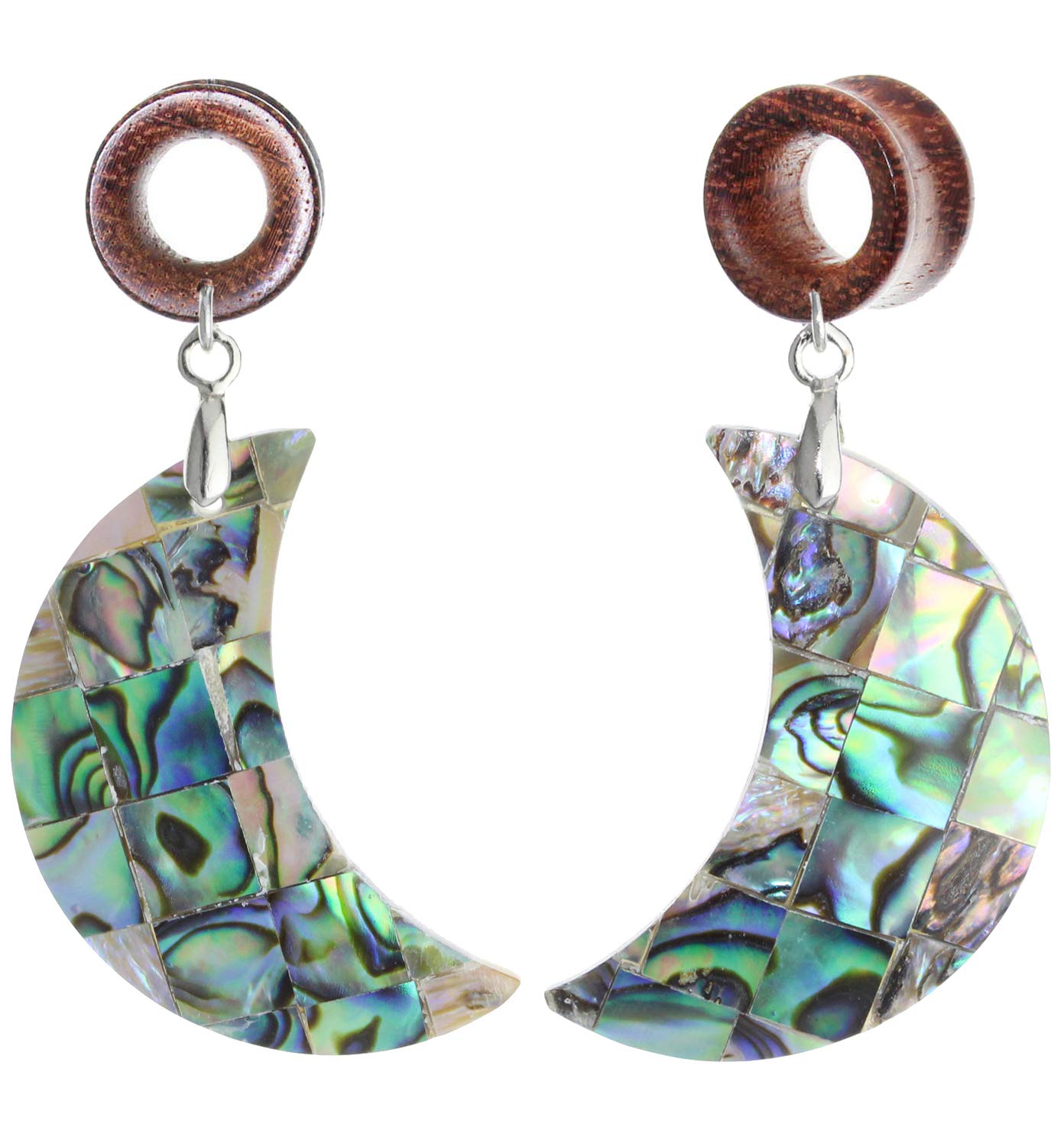 Natural Moon-Shaped Shell Wood Dangle Ear Gauges | Flesh Tunnel Plugs | Stretching Kit & Ear Expander | Statement Earrings for Women | Boho & Festival Fashion Accessories