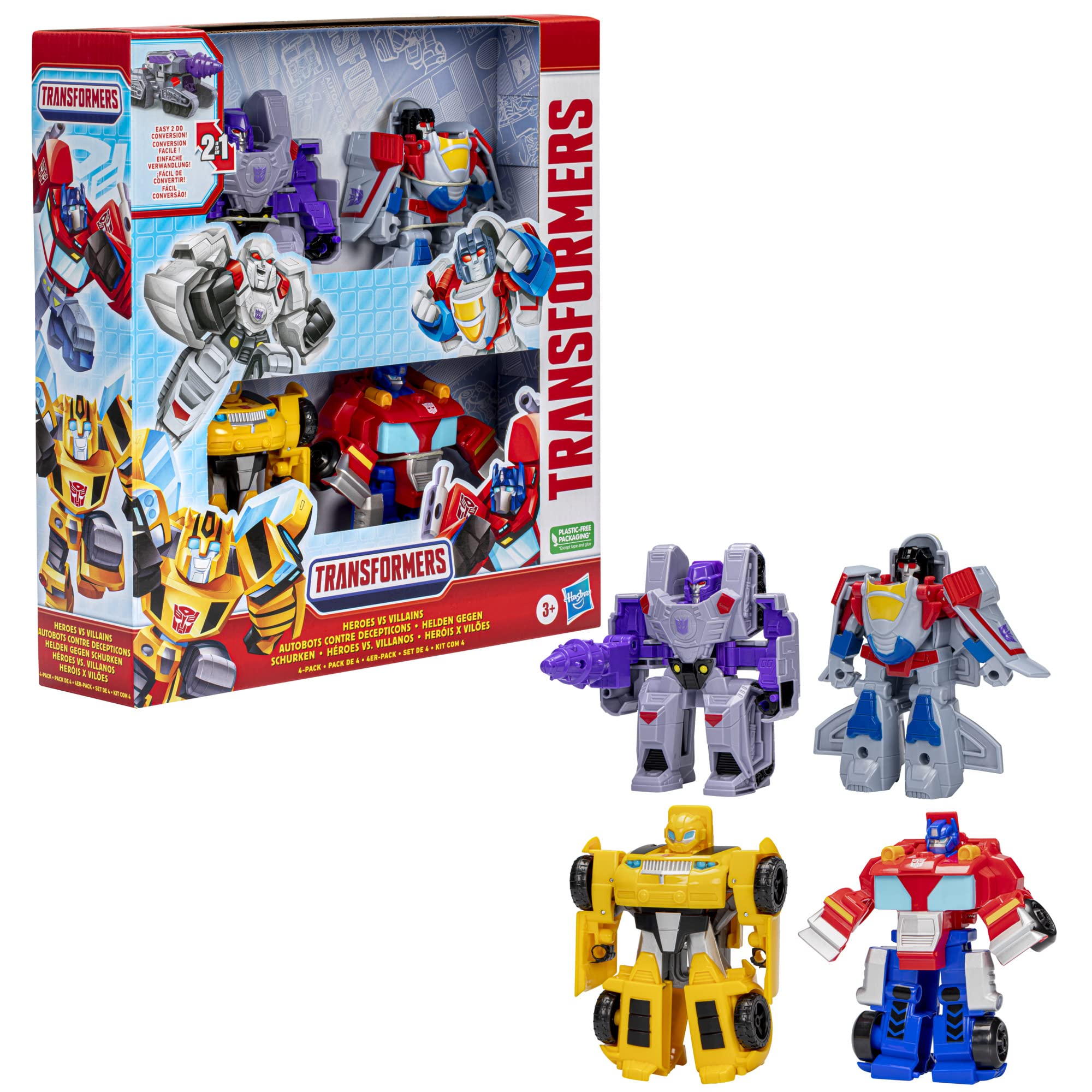 Transformers Autobot vs Decepticon 4.5-Inch Action Figures 4-Pack - Heroes vs Villains Robot Toys for Kids Ages 3+ | Amazon Exclusive | Birthday Gifts, Party Favors & Collectible Toys for Boys & Girls