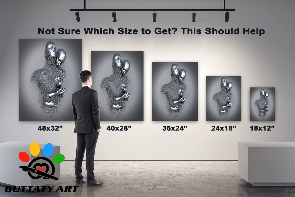 3D Metal Effect Love Heart Gray Wall Art - Romantic Hugging Couple Canvas Painting for Bedroom & Living Room Decor - Valentine's Day Gift for Couples (28x40 Inches) - Perfect for Anniversary, Wedding & Home Interior Design