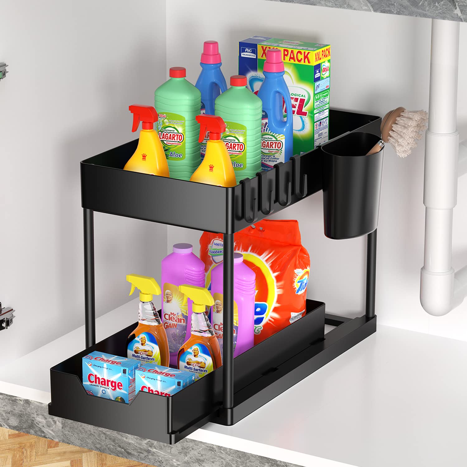 Molgree 2-Tier Under Sink Organizer with Sliding Basket - Space Saving Kitchen & Bathroom Cabinet Storage Shelf for Sponges, Cleaners & Toiletries - Perfect for Small Spaces Under Sink Organization
