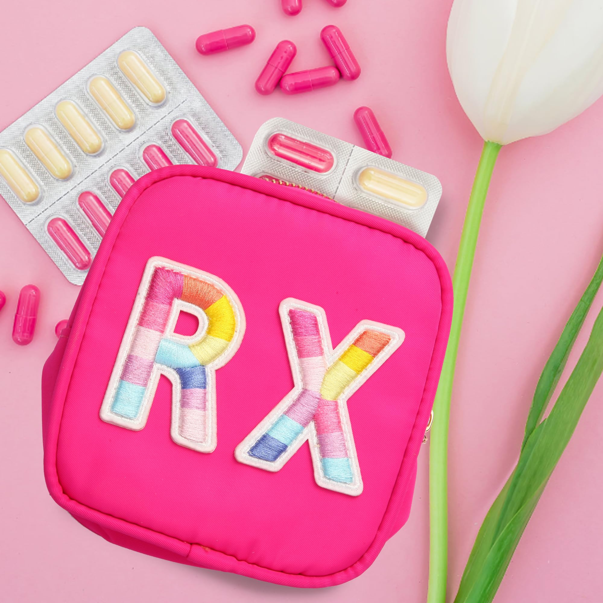 Personalized Embroidered Alphabet Medicine Bag for Women & Girls - Zippered Nylon Travel Pouch for Vitamins, Makeup & Essentials (Rose) - Perfect for Daily Organizer, Travel & Gym Accessories