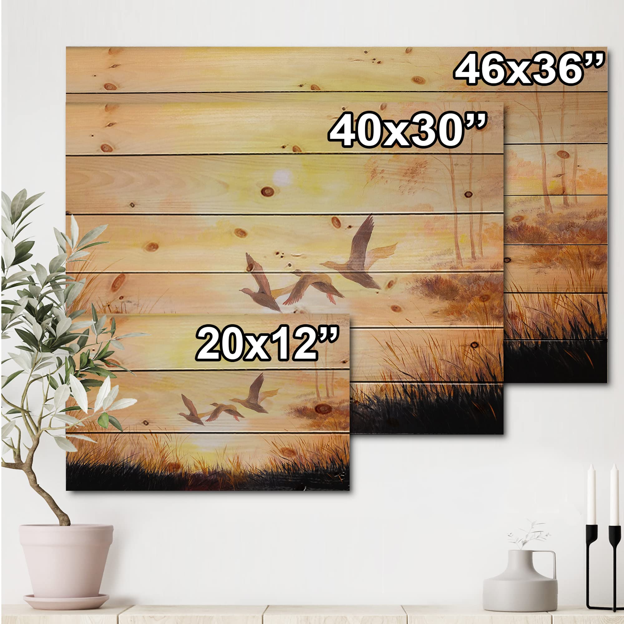 DesignQ Traditional Three Cranes Flying Through Sunset Wood Wall Art - Yellow Large Animal Wall Decor Panel Printed on Natural Pine Wood - Perfect for Living Room, Bedroom & Office Decor
