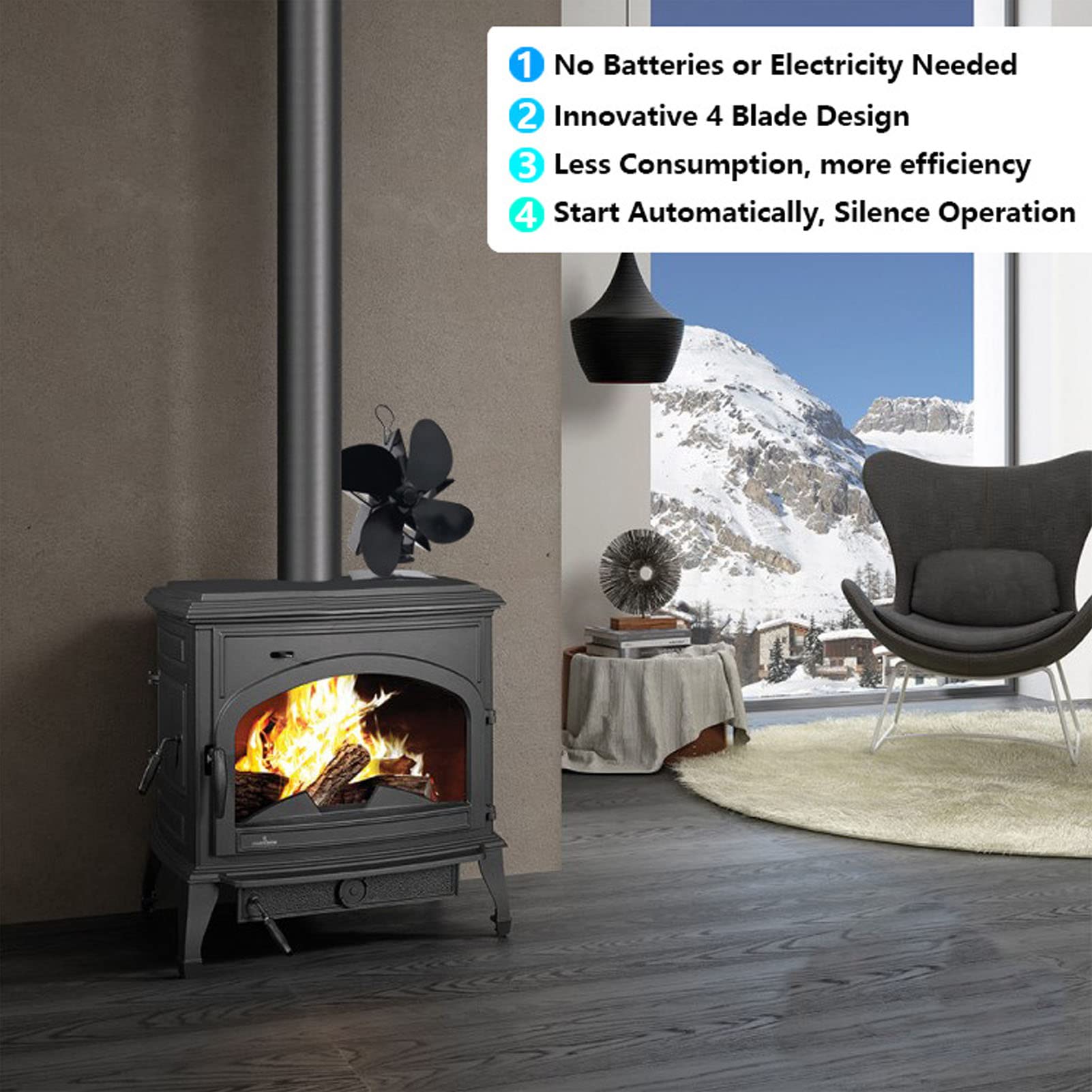 5 Blade Wood Stove Fan - Quiet Fireplace Heat Fan with Self-Generated Electricity, Energy Efficient & Eco Friendly for Chimney Fireplaces - Perfect for Heating Cabins, Homes & Outdoor Spaces