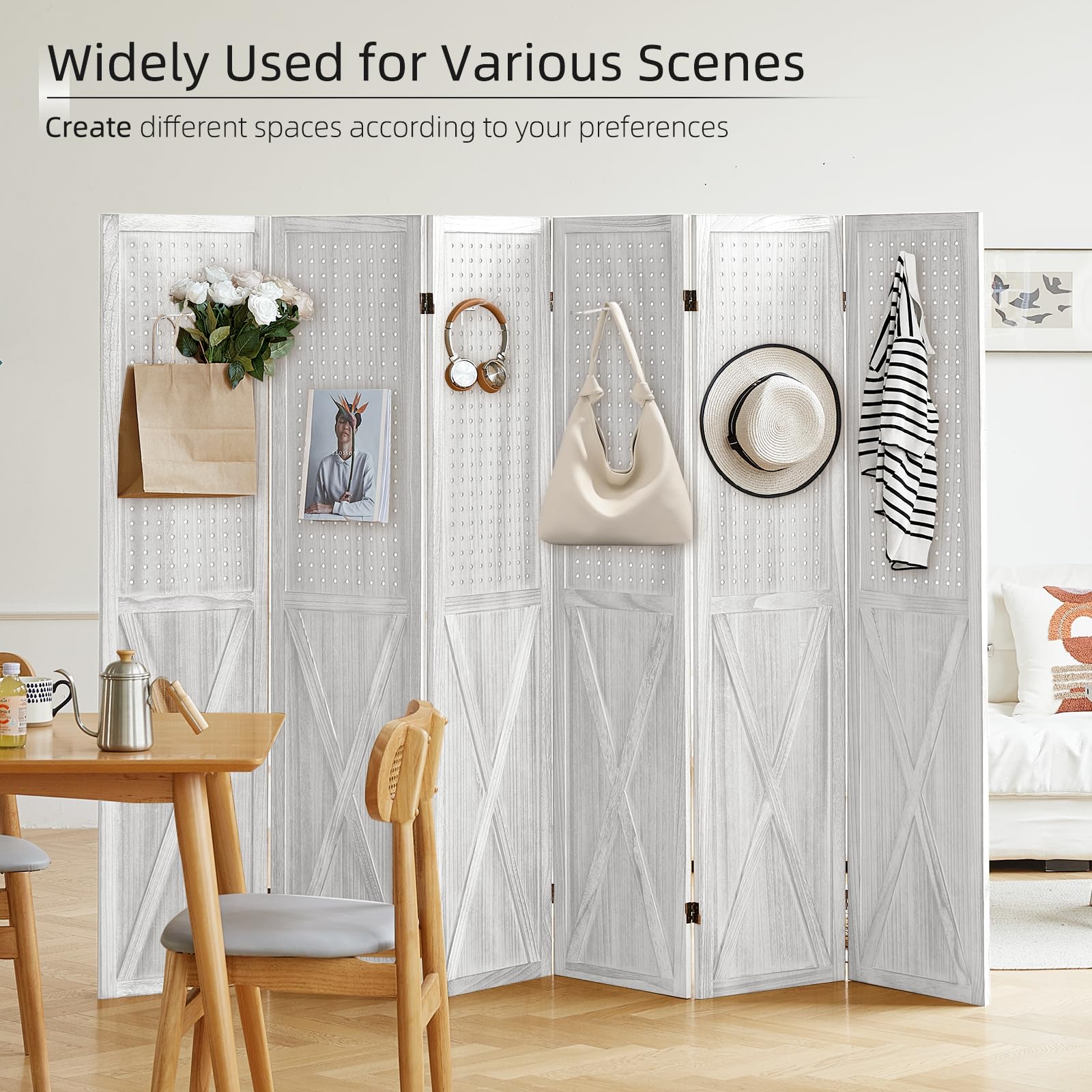 6 Panel Pegboard Room Divider & Folding Privacy Screen - 5.6Ft Tall Portable Display Stand Organizer for Home, Office, and Retail Spaces (White) - Perfect for Room Separation, Craft Shows, and Trade Displays