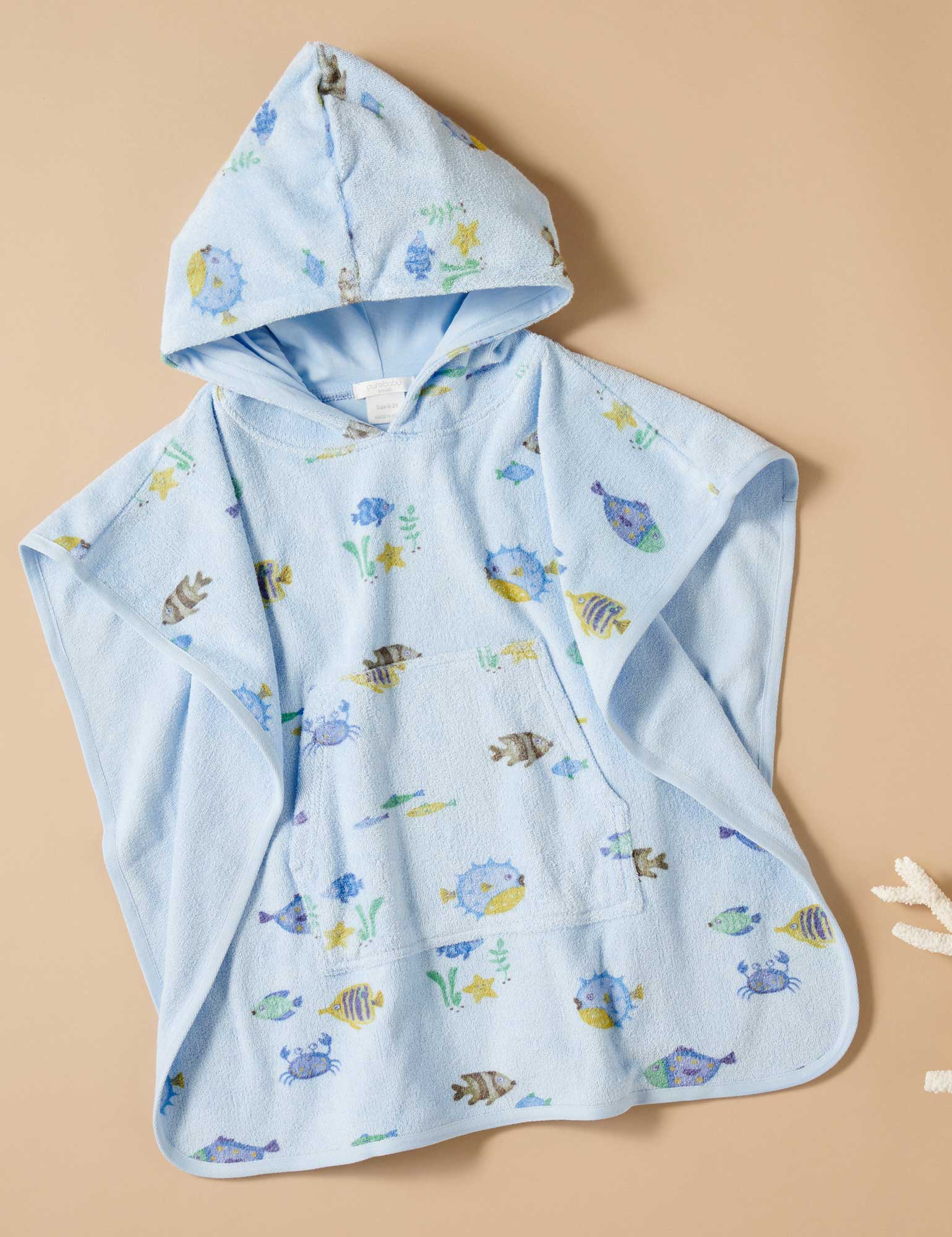 Purebaby Organic Cotton Hooded Baby Towel with Adorable Fish Design - Soft & Absorbent for Newborns, Infants & Toddlers - Perfect for Bath Time, Swimming & Beach Outings