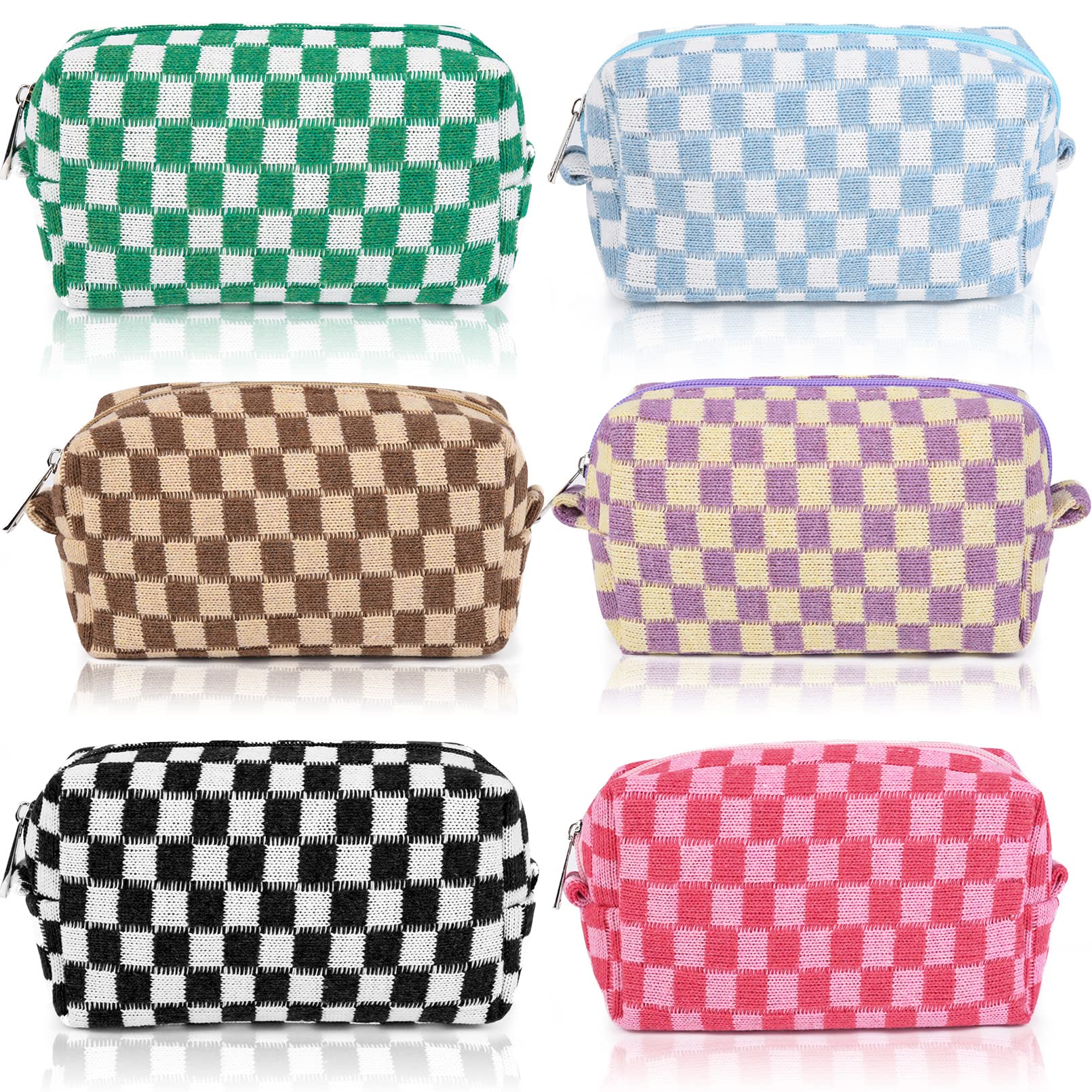 6-Piece Checkered Makeup Bag Set - Pink & Black Preppy Cosmetic Pouches for Women | Travel Toiletry Organizer, DIY Brush Storage | Perfect for School, Gym & Vacation Essentials