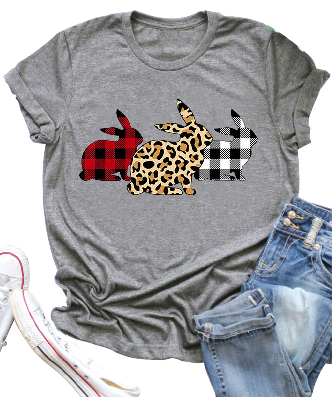 Funny Easter Bunny Printed T-Shirt for Women - Plaid Leopard Graphic Short Sleeve Casual Top | Easter Party Tee, Spring Outfit, Holiday Gift Idea