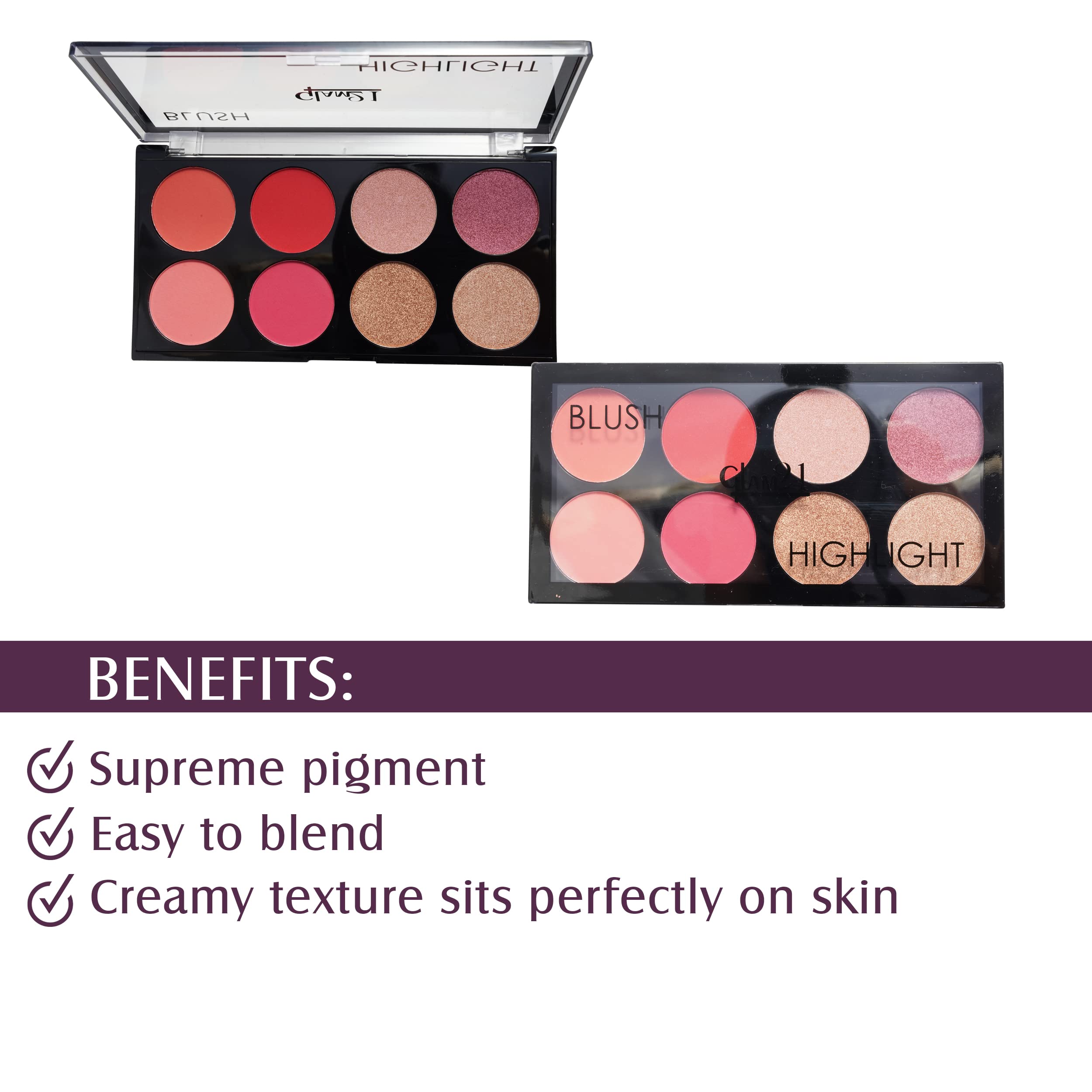 Glam21 Blush Highlighter Palette - Silky Pigmented Blusher for Long Lasting Shimmer | Highly Blendable Makeup for All Skin Tones | 24g Chic-01 | Perfect for Contouring, Highlighting & Everyday Glam Makeup Looks