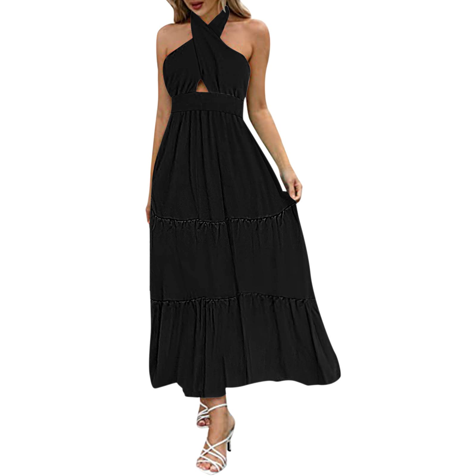 Women's Floral Cut-Out Halter Neck Sleeveless Summer Dress - Casual Midi Length Cross Back Dress for Beach, Vacation & Outdoor Parties