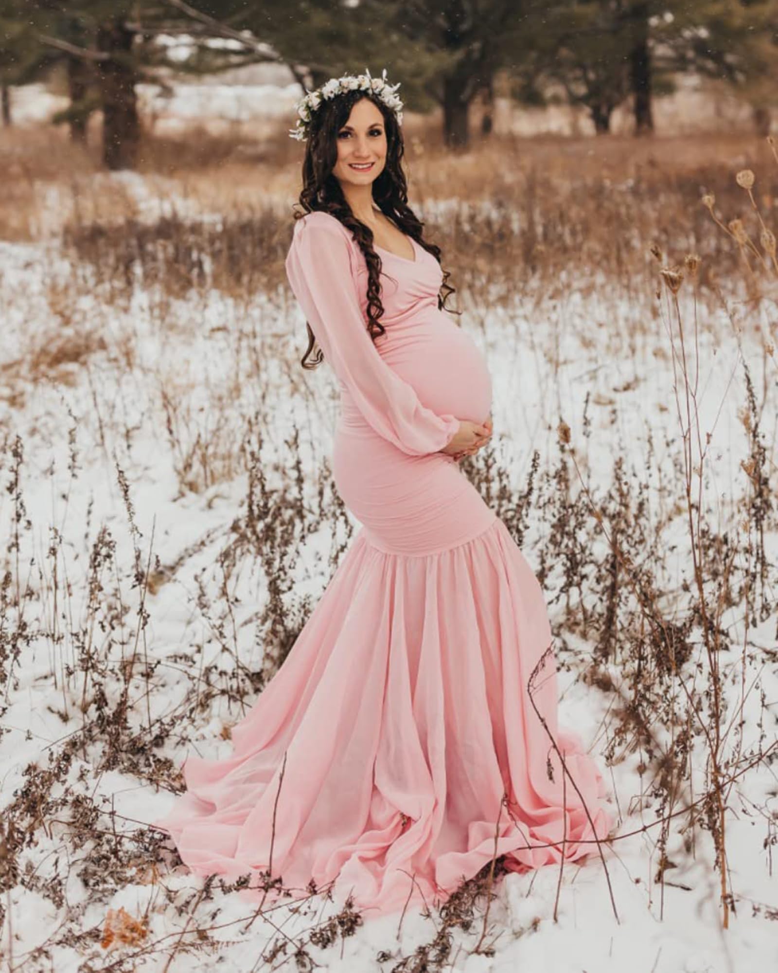Saslax Elegant Long Chiffon Sleeve Mermaid Maternity Dress for Photoshoot, Baby Shower, Pregnancy Photos, and Special Occasions - Comfortable & Stylish Maternity Gown for Expecting Mothers