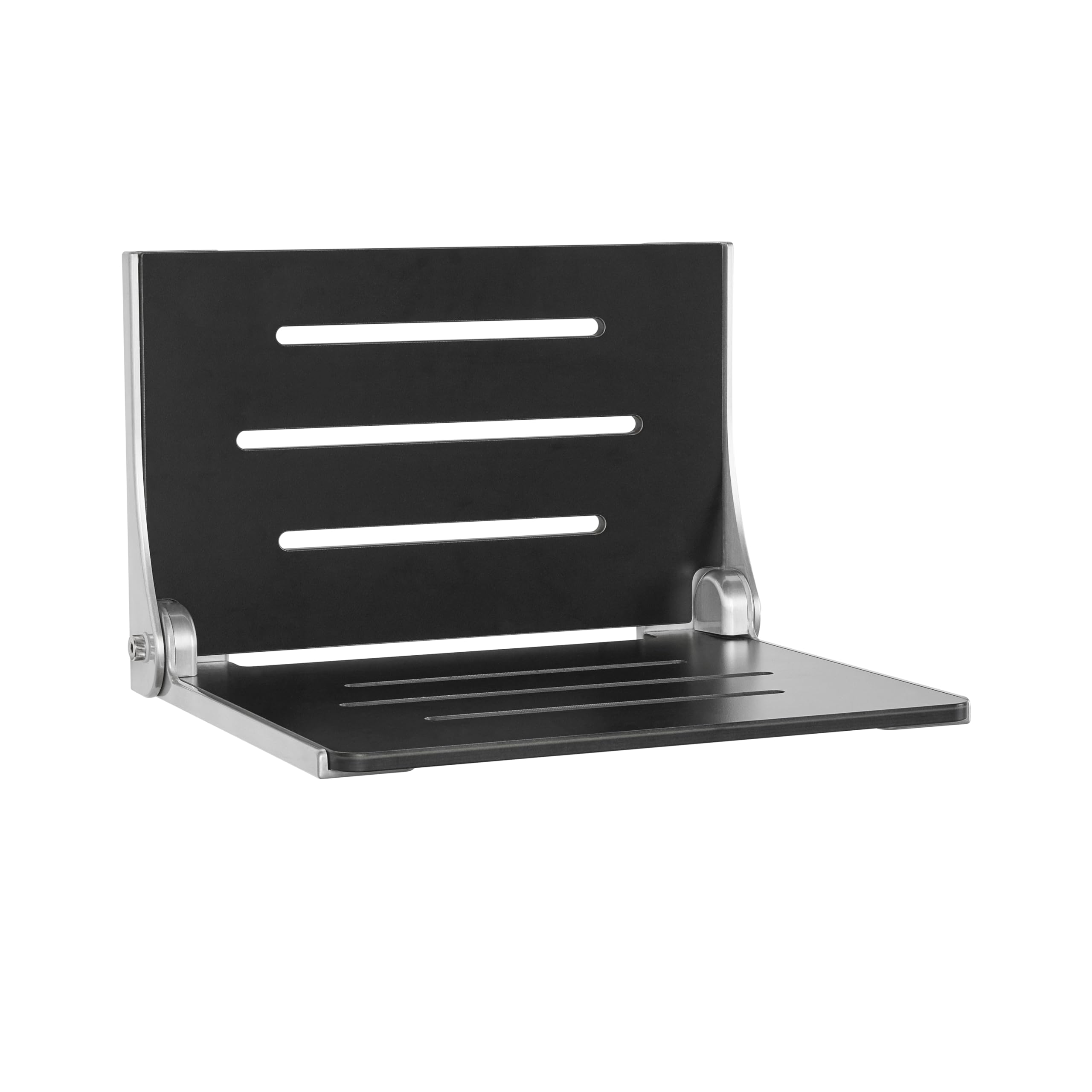 Seachrome Silhouette Folding Wall Mount Shower Bench Seat - Black Seat with Silver Frame - Space Saving Shower Chair for Elderly & Disabled - Bathroom Safety Seat for Small Spaces & ADA Compliant Showers