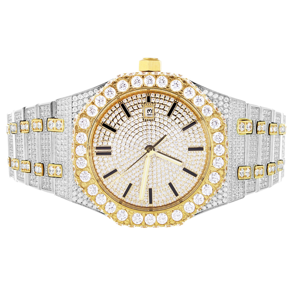 Luxury Stainless Steel Octagon Face Moissanite Gold Tone Men's Watch - Waterproof Chronograph Dress Watch for Business, Wedding & Formal Occasions