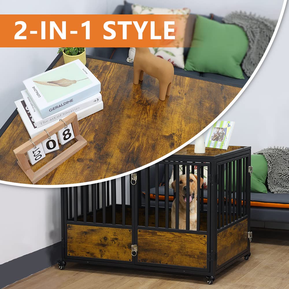 44 Inch Wooden Dog Crate Furniture - Rustic Brown Pet Kennel with 2 Doors & 4 Lockable Wheels for Medium & Large Dogs | Indoor Dog Cage & End Table for Living Room, Bedroom & Home Decor