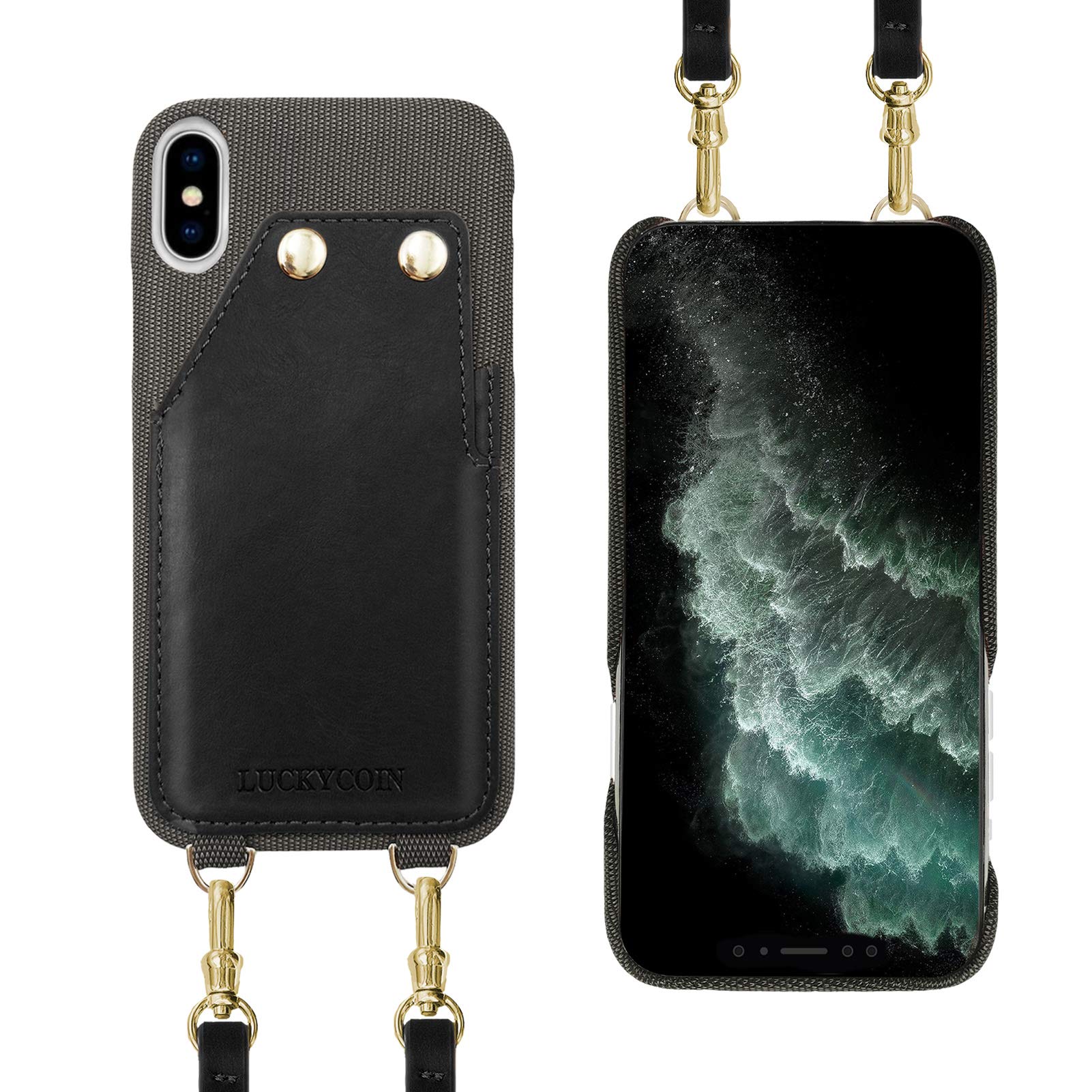 Vintage Genuine Leather Slim Crossbody Wallet Phone Case for iPhone X/XS - Soft Touch Fabric with Card Holder Slot, Adjustable & Detachable Strap (5.8 inch, Black) | Perfect for Daily Use, Travel & Hands-Free Convenience