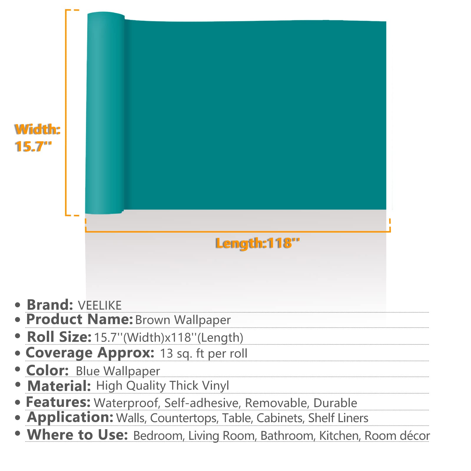 VEELIKE 15.7''x118'' Matte Turquoise Blue Peel and Stick Wallpaper - Waterproof Self-Adhesive Vinyl Contact Paper for Walls, Cabinets, Countertops & Shelves | Textured Decorative Wall Covering for Bedroom, Kitchen & Home Decor