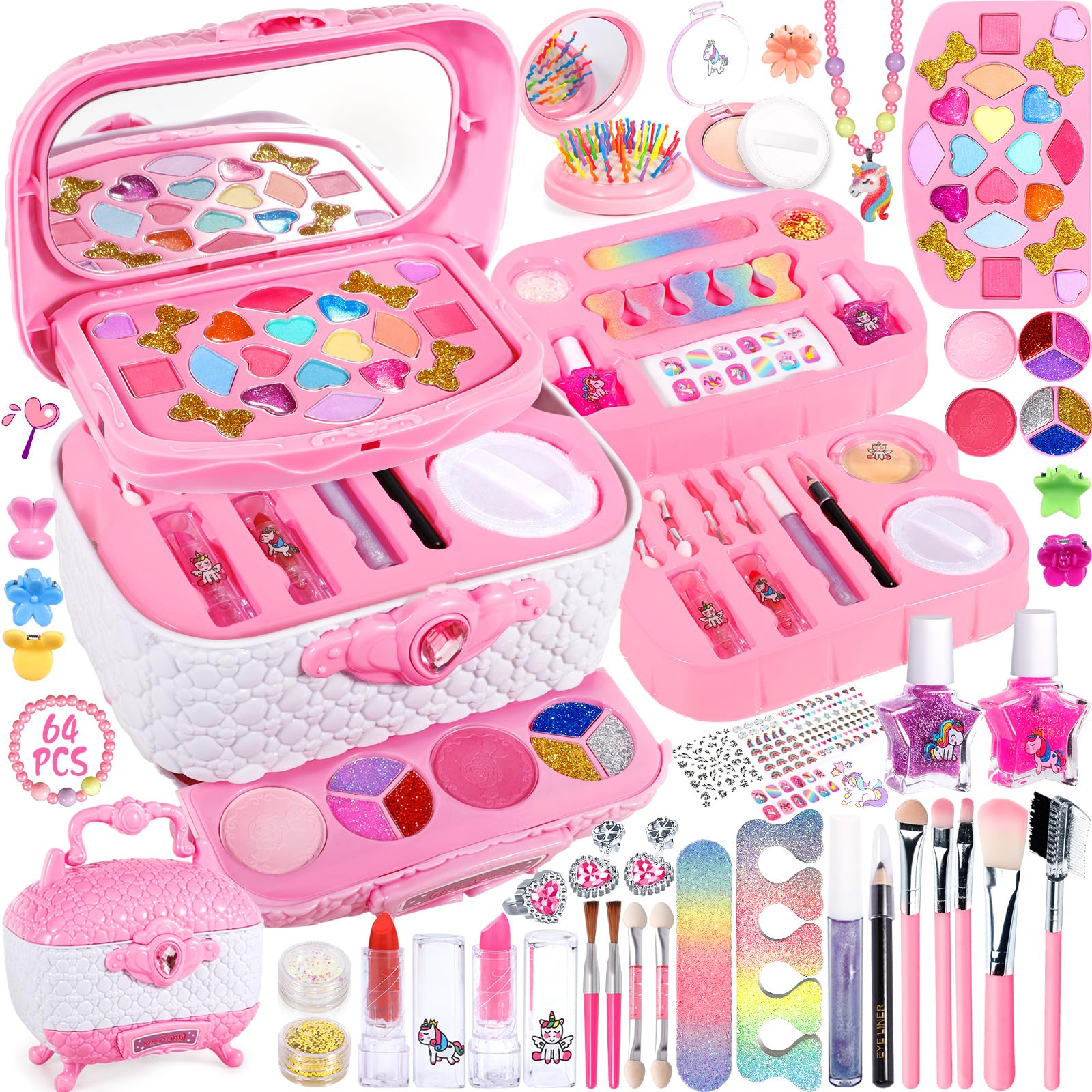 POWZOO 64-Piece Kids Makeup Kit - Non-Toxic, Washable Princess Toy Gift for Girls 5-12 - Birthday & Christmas Present