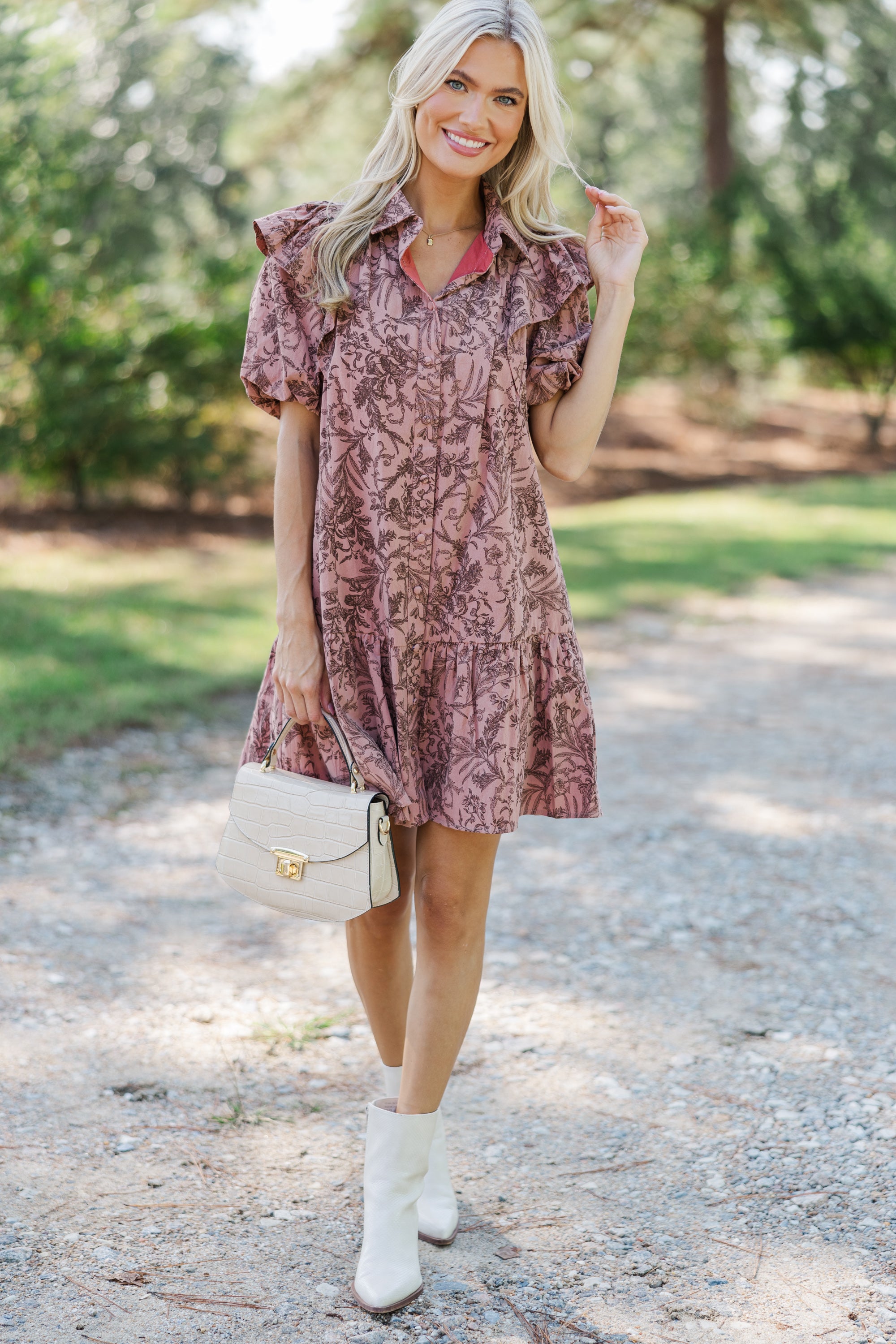 Always The Story Mauve Floral Dress - Women's Elegant Midi Dress with Floral Print for Spring & Summer | Perfect for Weddings, Garden Parties & Date Nights
