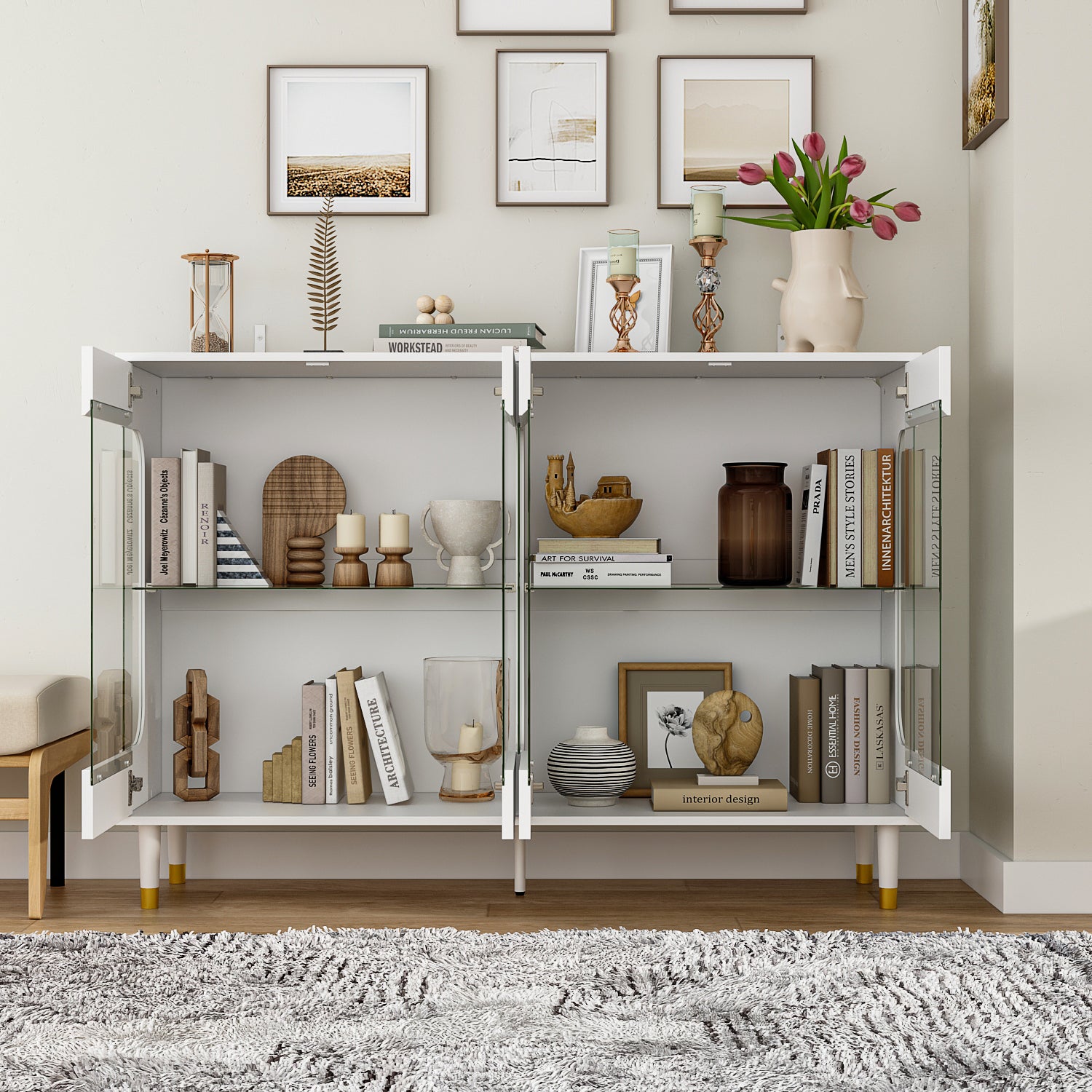 55.1W LED Sideboard Buffet Cabinet with Glass Door - Modern Display Case for Dining Room, Living Room & Home Decor