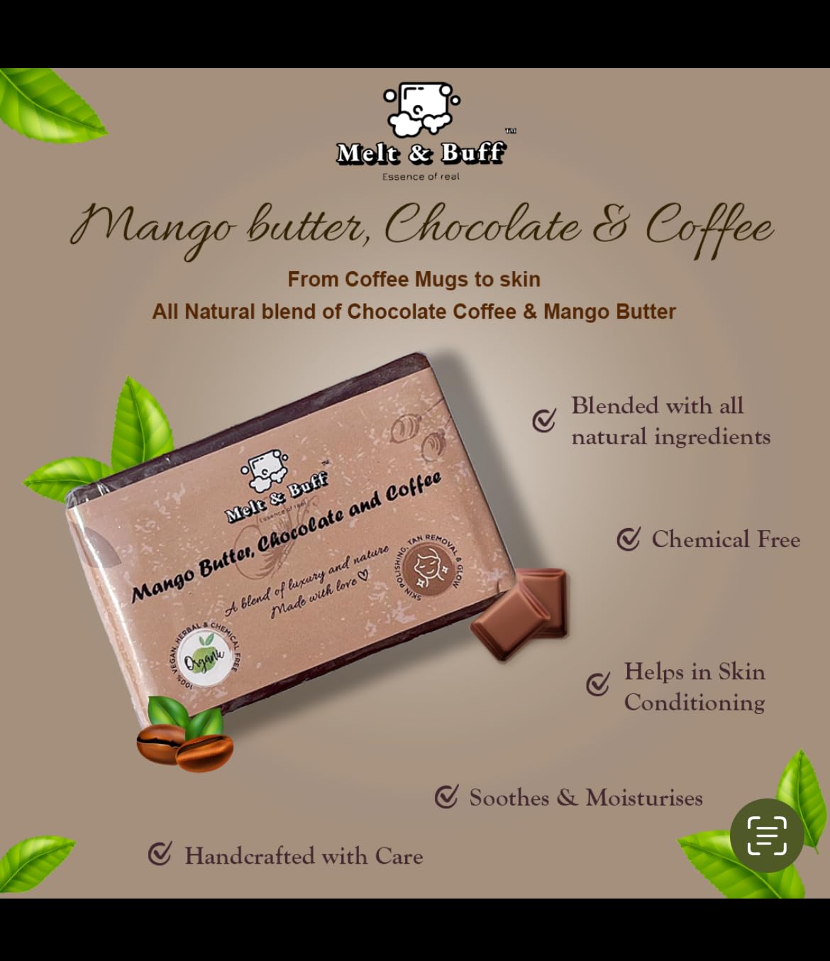 Organic Handmade Melt and Buff Soap Bars - Chemical Free, 100g (Pack of 4) - Chocolate Scented for Luxurious Skin Care & Relaxing Bath Time