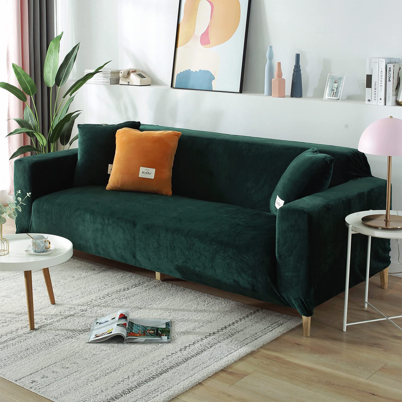Thick Plush Stretch Sofa Cover for 1-4 Cushion Couches - Non-Slip Pet-Friendly L-Shaped Couch Protector - Dark Green 2-Seater (145-185cm) - Perfect for Living Room, Family Room & Pet Owners