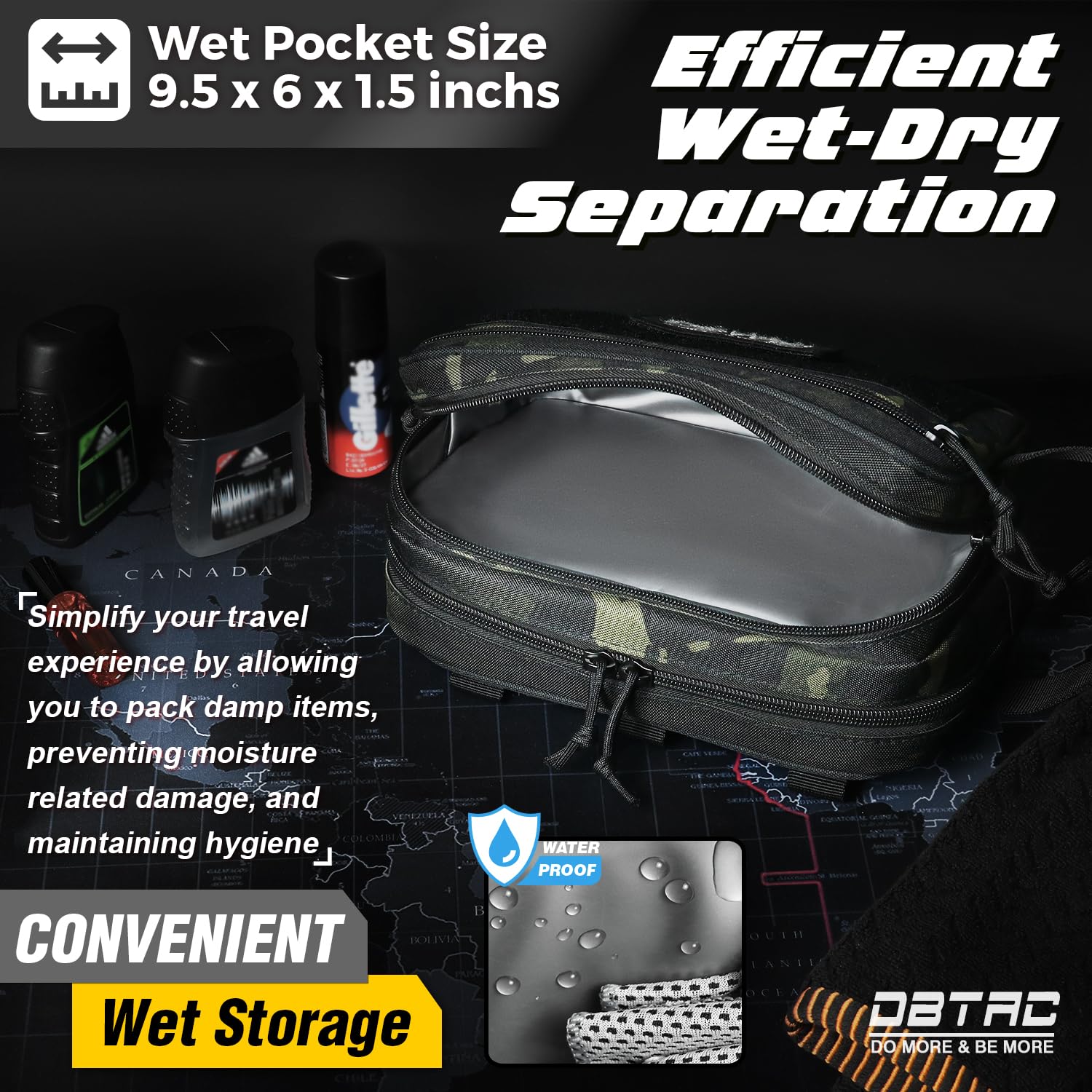DBTAC Tactical Toiletry Bag for Men - Waterproof Shower Bag with Wet/Dry Compartments | Compact Travel Dopp Kit & Shaving Organizer (Black Camo) - Perfect for Camping, Gym & Business Trips