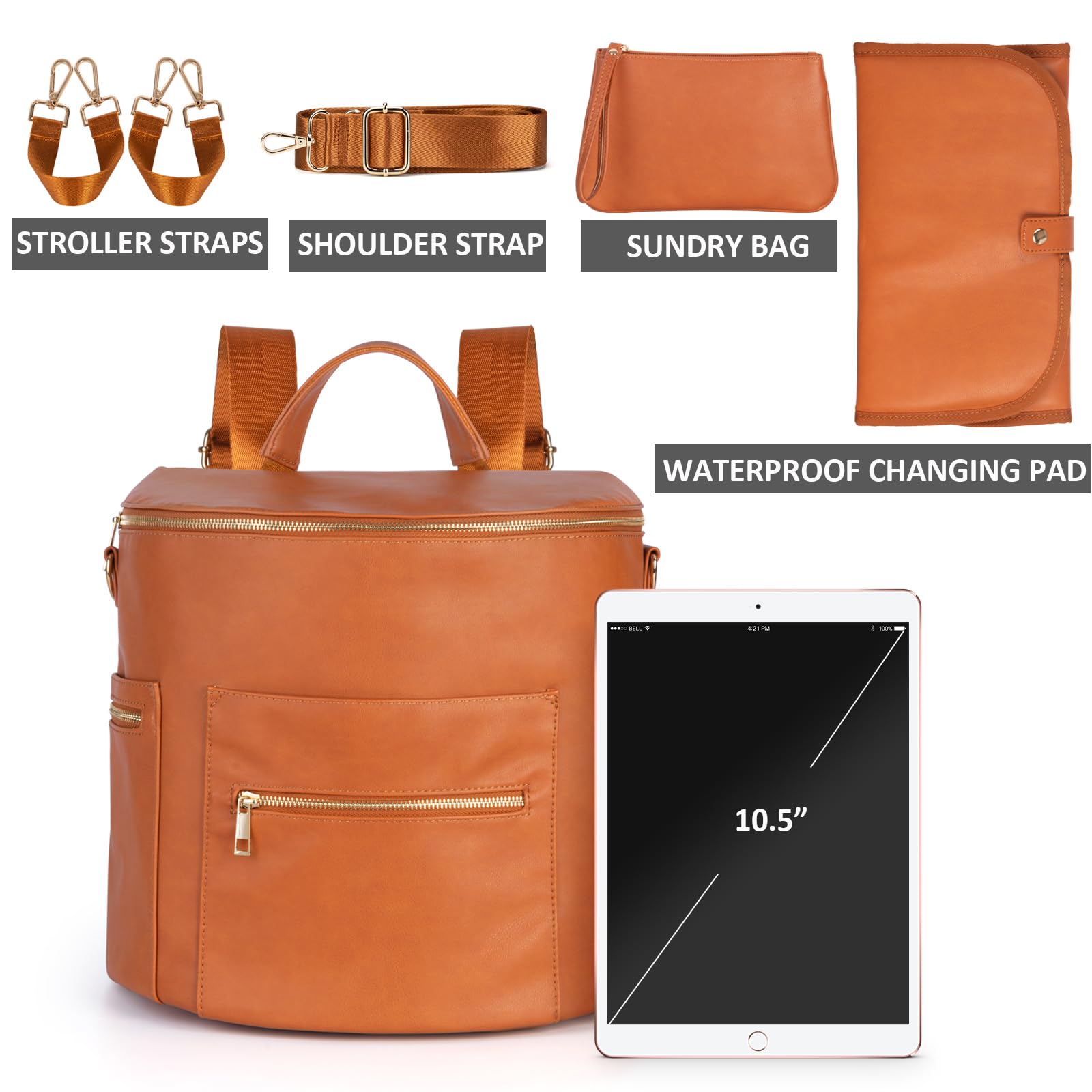 **Minsong Stylish Leather Diaper Backpack for Women – Waterproof Baby Travel Bag with Changing Pad & Stroller Straps – Perfect for Moms on the Go (Brown, 33L)** – Ideal for Travel, Shopping, and Everyday Use with Baby Essentials