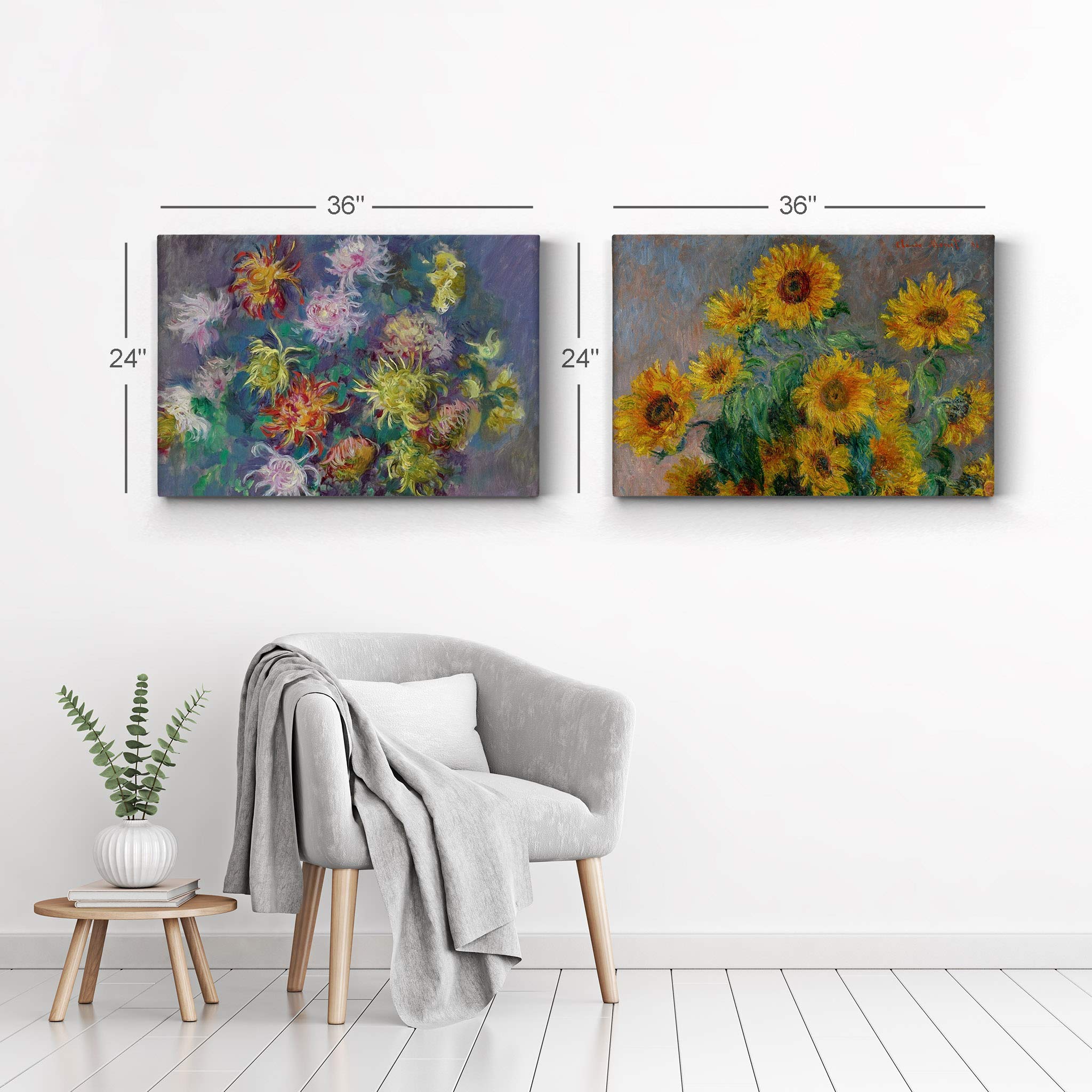 Claude Monet Sunflower Bouquet & Chrysanthemums 2-Piece Canvas Wall Art Set - Famous Oil Painting Reproduction, Modern Home Decor (15x22 Inches, Ready to Hang) | Perfect for Living Room, Bedroom, or Office Wall Decor | Made in USA