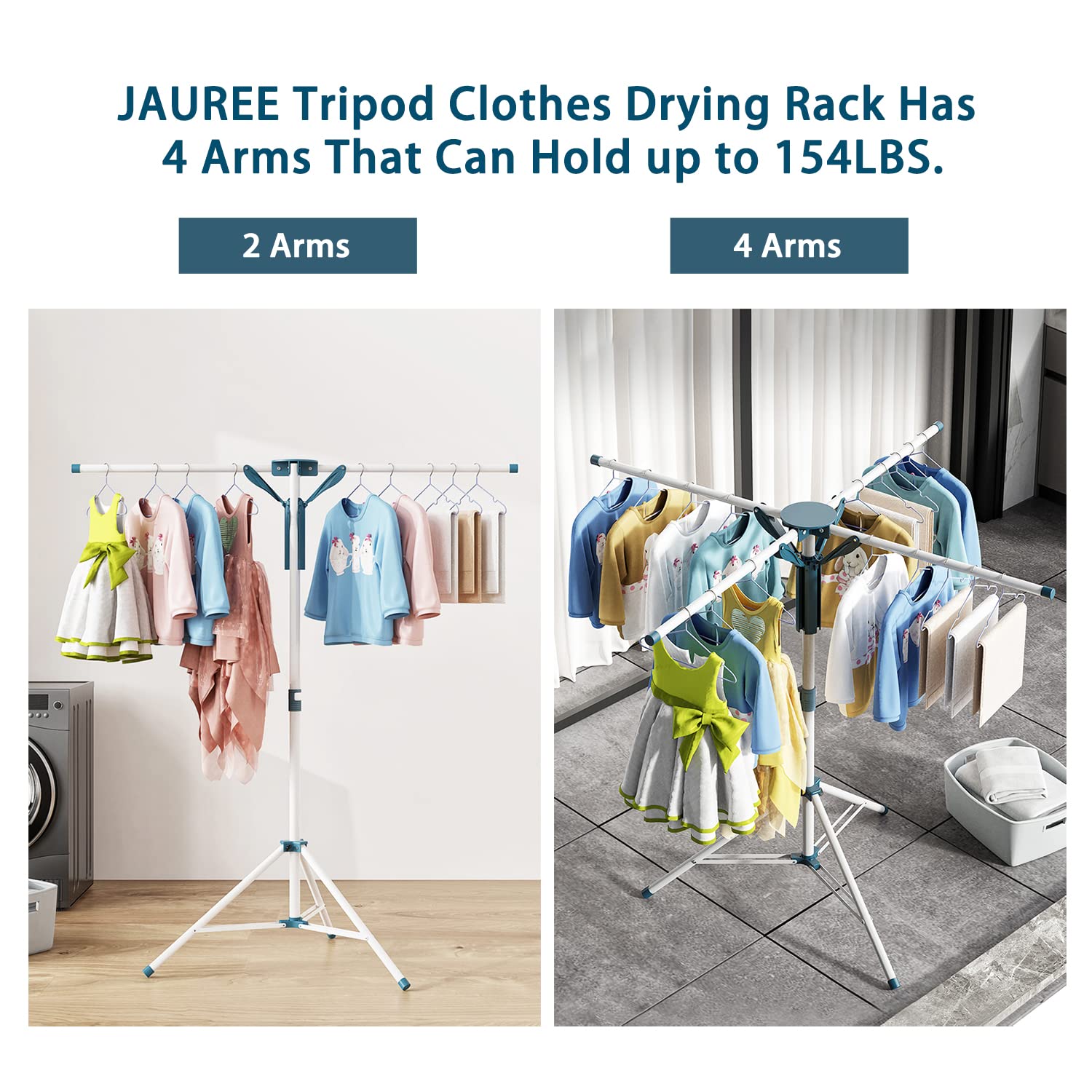 JAUREE Foldable Indoor Clothes Drying Rack - Portable Adjustable Height Laundry Rack with 20 Clips for Small Spaces | Perfect for Apartments, Dorms & Travel Use