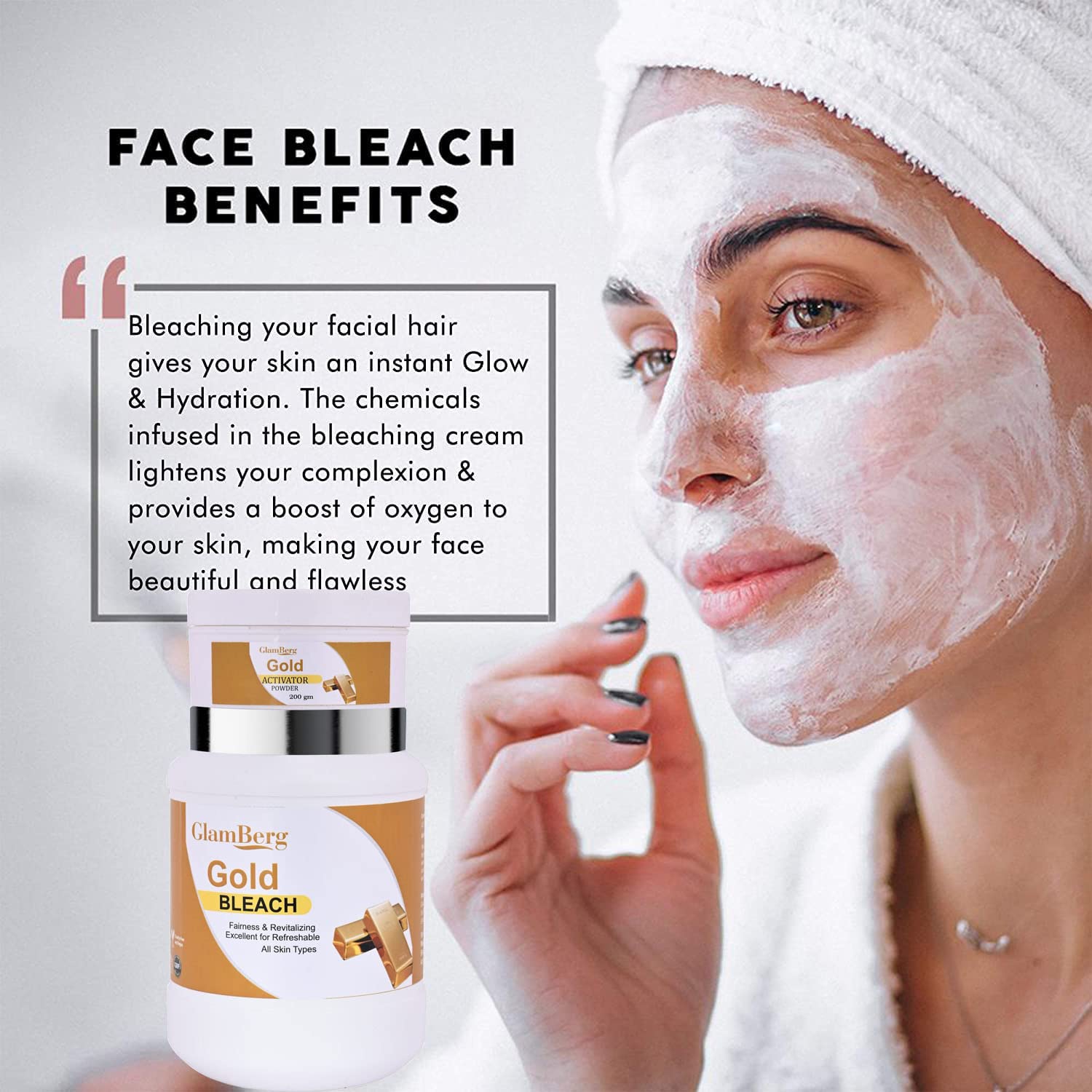 GlamBerg Gold Bleach Cream 800ml for Dead Skin & Blackheads with Activator Powder 200gm - Brightening Skin Treatment for Face & Body at Home