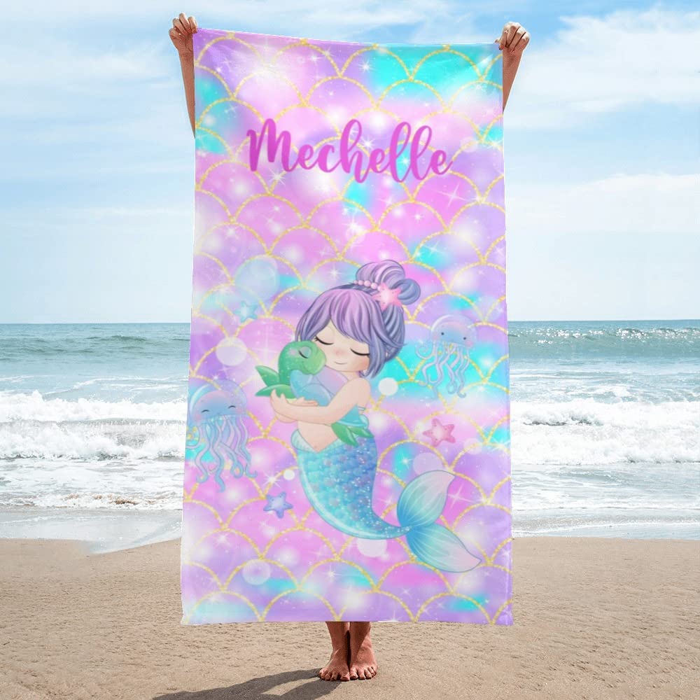 Dr.TOUGH Personalized Kids Beach Towels - Custom Name Mermaid Beach Towel for Girls, Super Soft Microfiber Quick Dry Towel (Mermaid G) | Perfect for Pool, Beach, Vacation & Summer Activities