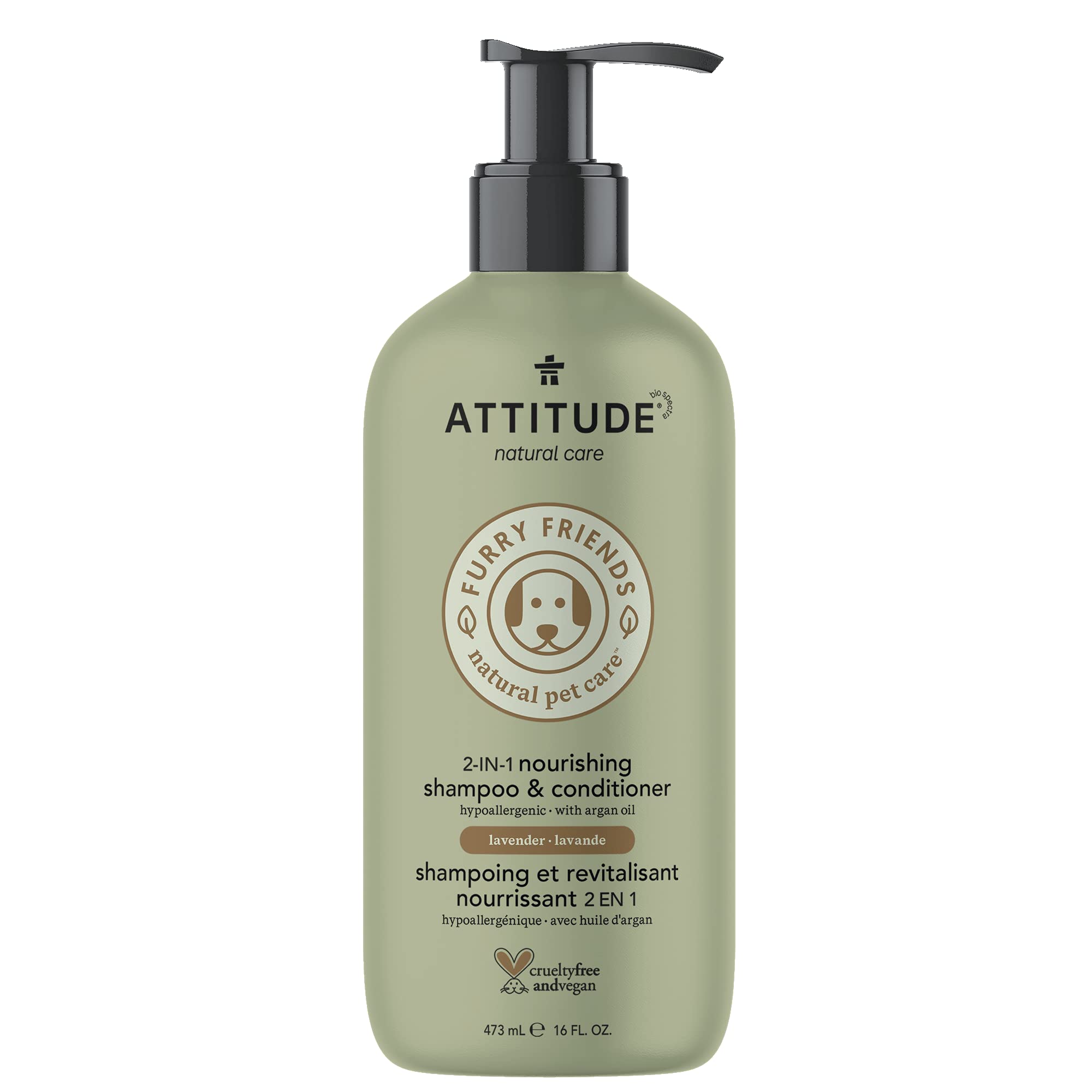 ATTITUDE 2-in-1 Nourishing Shampoo & Conditioner for Cats & Dogs – Vegan, Cruelty-Free, Lavender & Argan Oil Formula – 16 Fl Oz – Gentle Pet Grooming for Healthy Skin & Coat – Perfect for Bath Time & Regular Pet Care