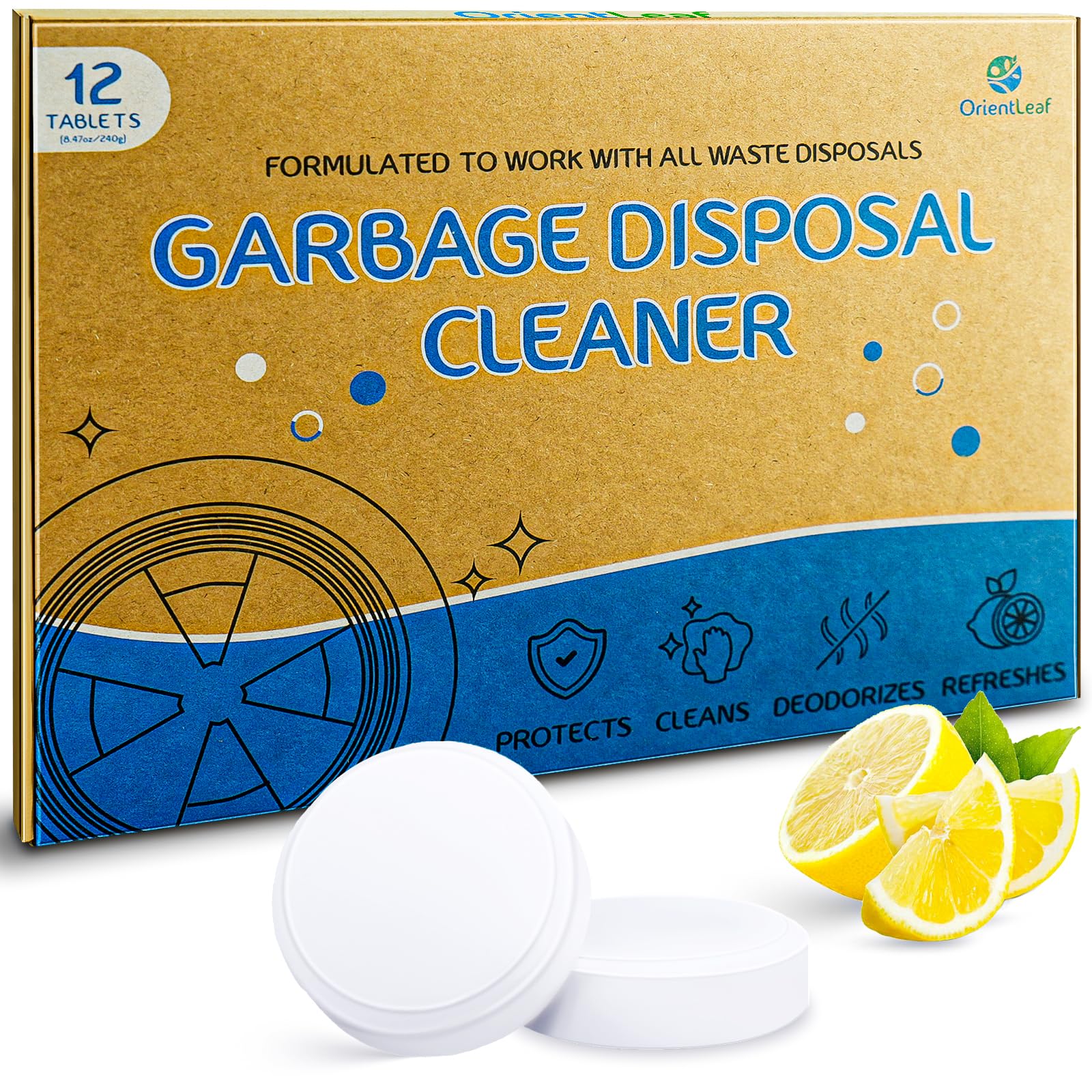 Powerful Foaming Garbage Disposal Cleaner Tablets - XXL 20g (12 Pack) | Natural Kitchen Drain Cleaner & Deodorizer | Prevents Odors & Clogs | 1 Year Supply | Ideal for Kitchen Sinks, Dishwashers & Garbage Disposals
