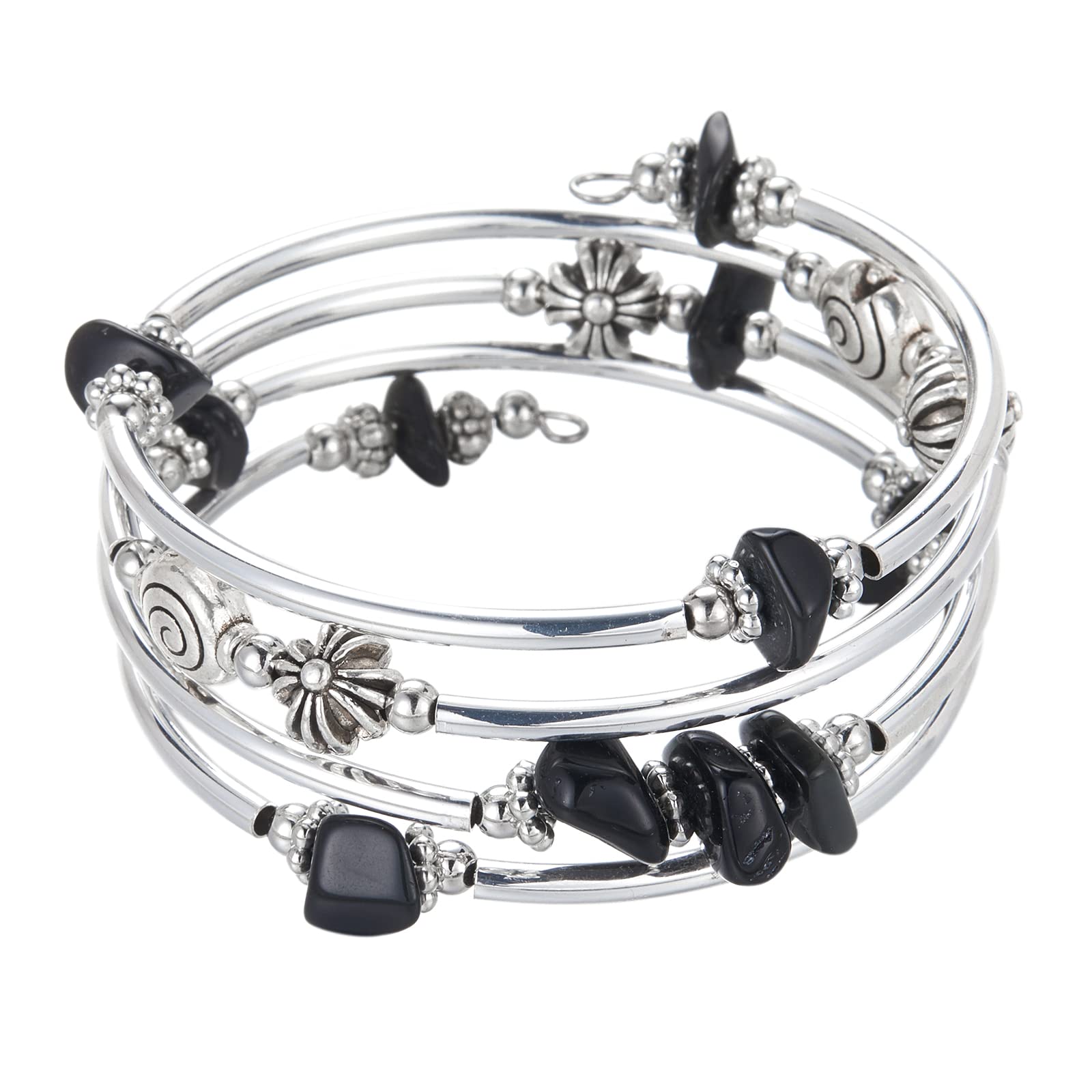 Noessla Beaded Bangle Bracelets for Women - Thick Silver Wrap Bracelet with Stone Beads, Fashion Jewelry for Birthday Gifts | Perfect for Parties, Weddings & Everyday Wear