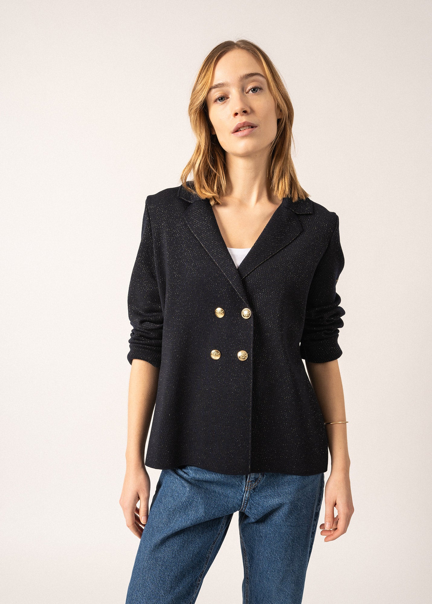 Women's CHARENTE II LUREX Wool Blazer with Gold Buttons - Navy & Champagne Colors for Office Wear, Business Meetings & Special Occasions