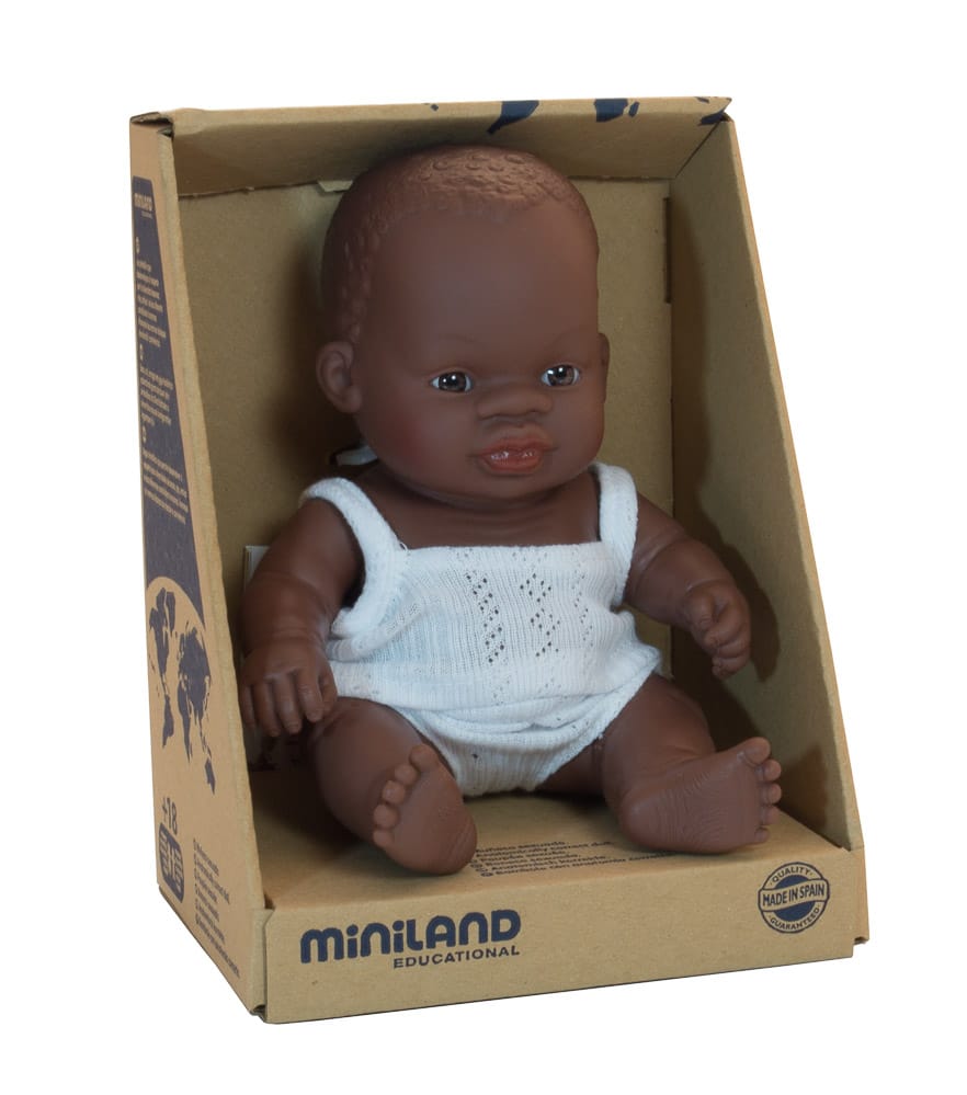 MINILAND African Girl Baby Doll - 21cm Soft Cuddly Toy for Kids | Perfect for Pretend Play, Gift Giving & Nursery Decor