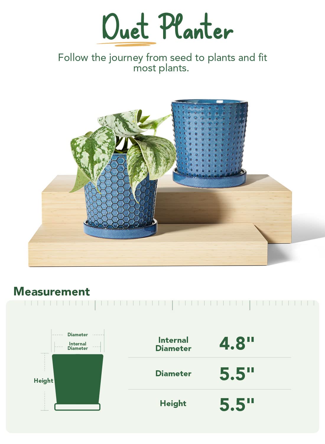 LE TAUCI 5.5 Inch Ceramic Flower Pots with Drainage Hole & Saucer - Set of 2 Reactive Glaze Blue Indoor Planters for Succulents, Snake Plants, Cactus - Perfect for Home Decor, Office Desk & Gift Giving