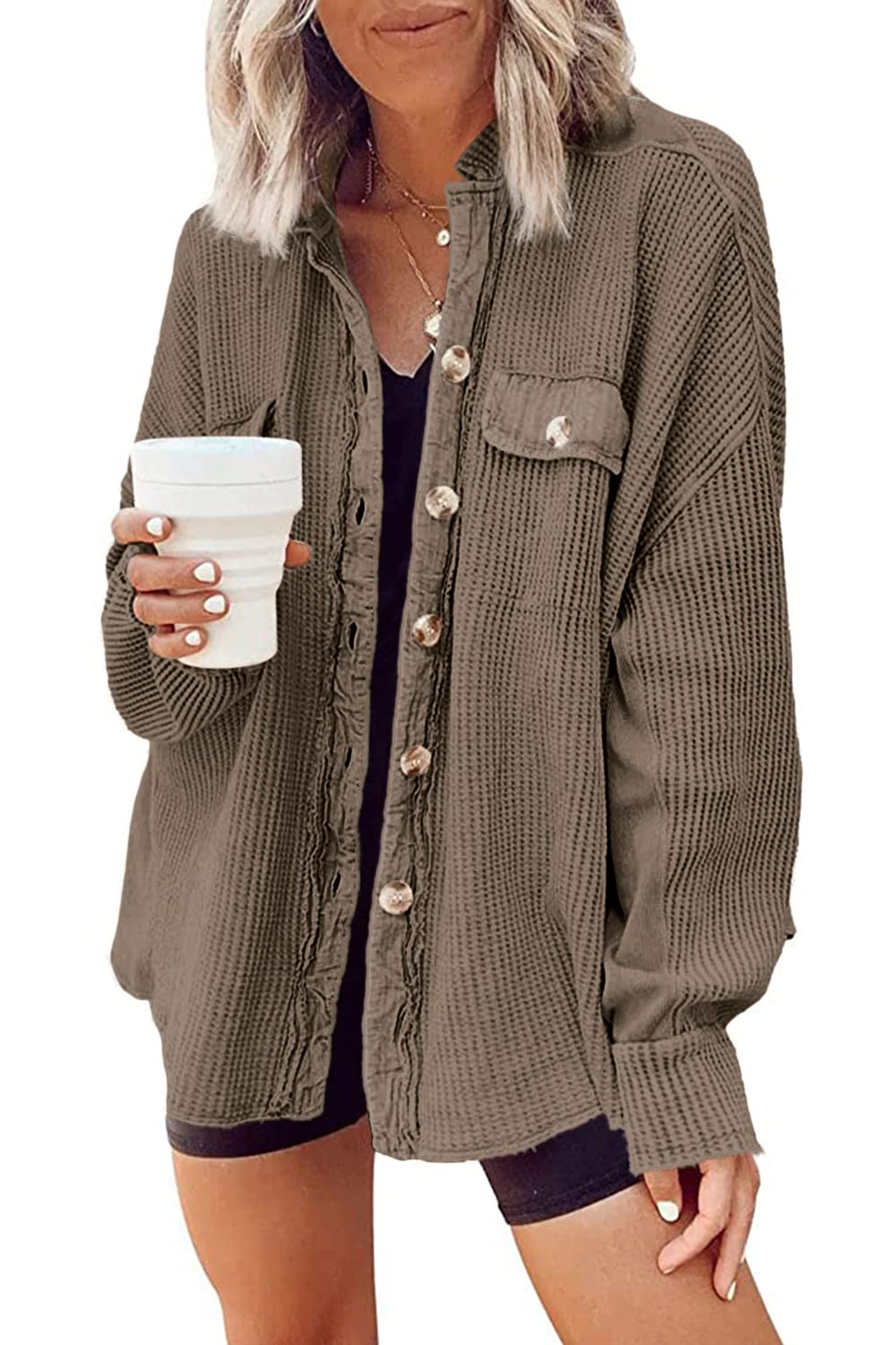 Yanekop Women's Waffle Knit Shacket - Oversized Boyfriend Button Down Shirt Jacket & Long Sleeve Blouse - Casual Loose Fit Top for Fall Layering, Coffee Dates & Weekend Outings