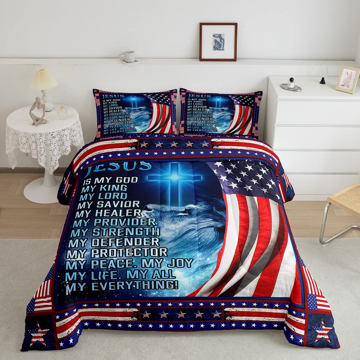 American Flag King Size Comforter Set - Vintage USA Patriotic Quilted Duvet Cover with 2 Pillowcases for Adults & Kids, Soft Down Alternative Bedding for Home Decor | Perfect for 4th of July, Memorial Day, and Patriotic Bedroom Themes