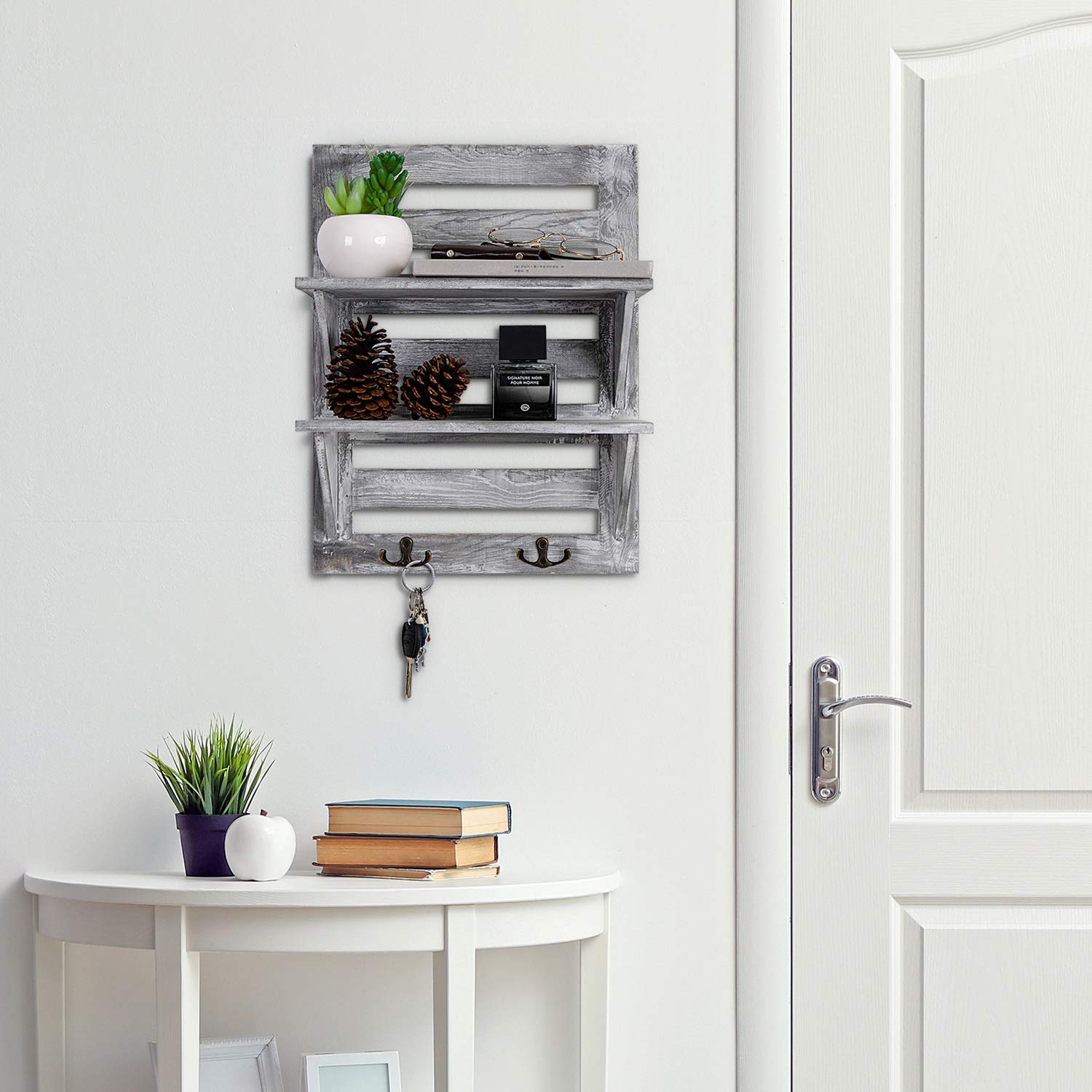 Rustic Wooden Wall Mounted Organizer Shelf with 2 Hooks - 2-Tier Storage Rack for Kitchen, Bathroom & Living Room - Farmhouse Decor in Grayish White - Perfect for Organizing Spices, Towels & Decorative Items