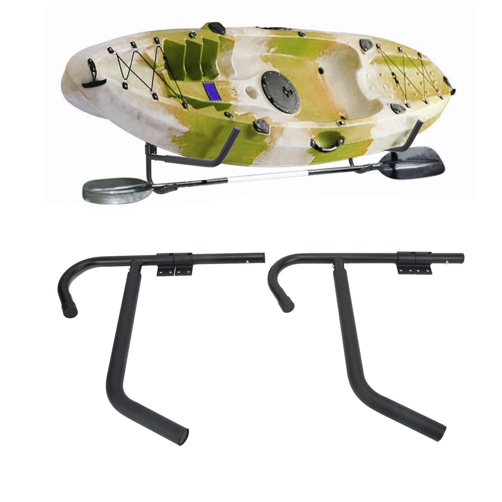 Heavy Duty Kayak Storage Rack - Foldable Wall Mount & Floor Stand for Kayaks, Surfboards, Canoes, Paddleboards, Ladders & Bikes (2-Pack, Black) - Perfect for Garage, Basement & Indoor Storage Organization