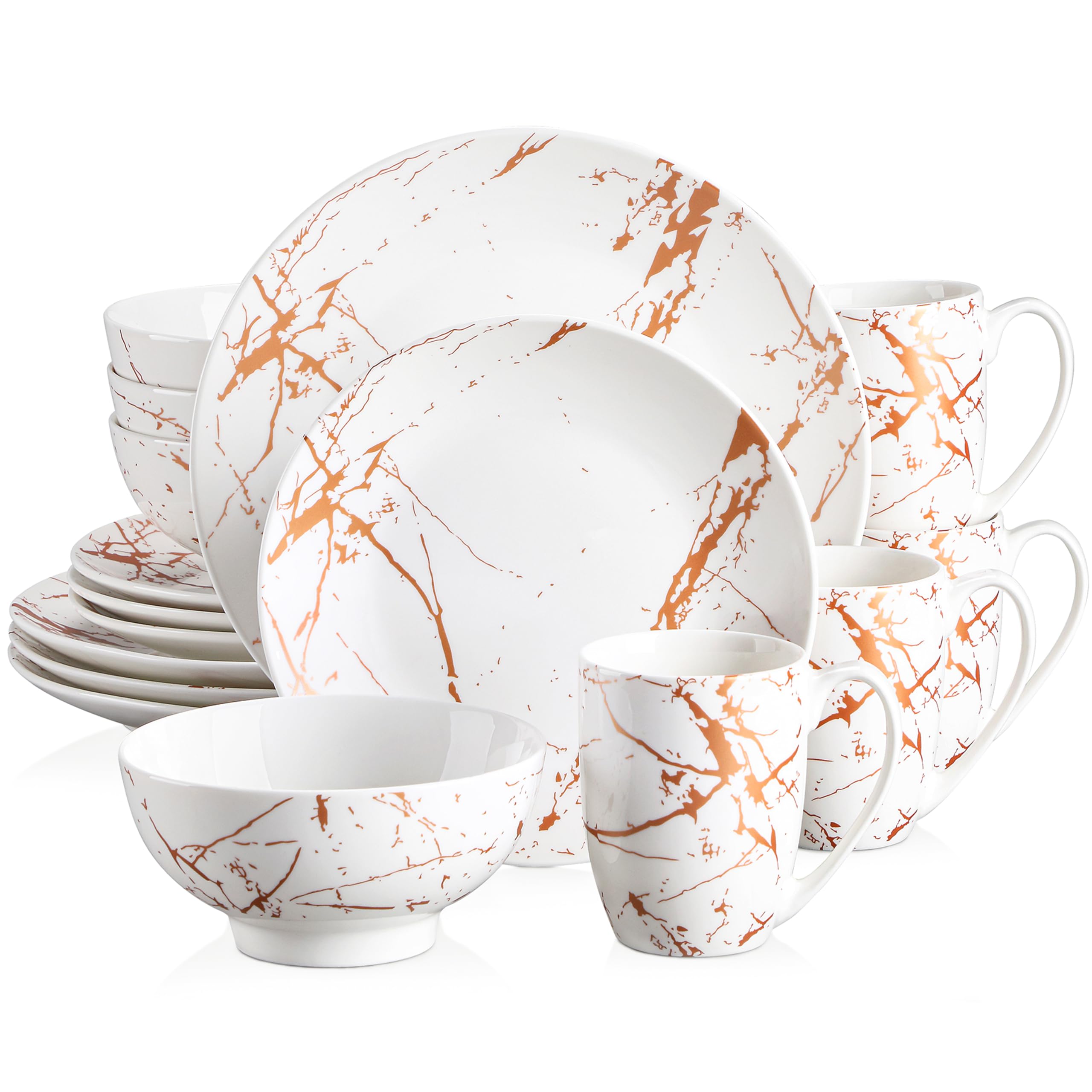 LOVECASA 16-Piece White Porcelain Dinnerware Set for 4 - Gold Splash Glaze Plates, Bowls & Mugs | Dishwasher & Microwave Safe | Elegant Table Setting for Dinner Parties, Restaurants & Home Dining