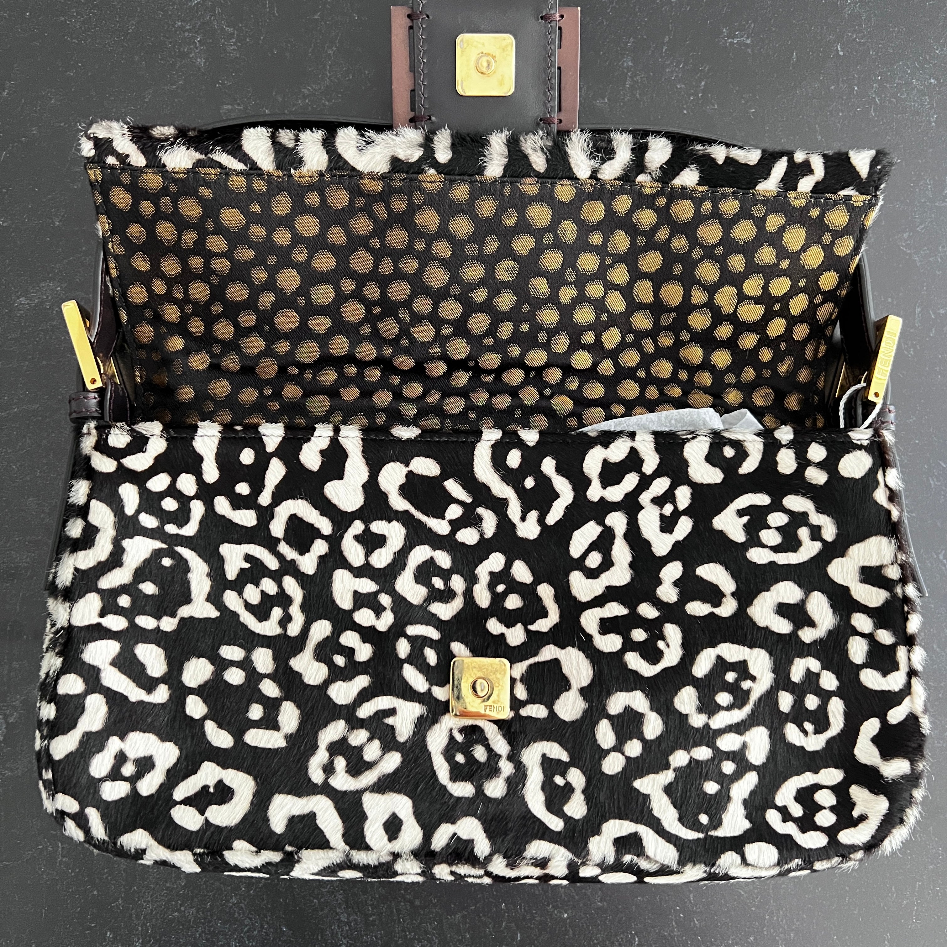 Authentic Fendi Black & White Cheetah Print Pony Hair Baguette Bag - Luxury Designer Handbag for Women, Perfect for Evening Parties & Special Occasions