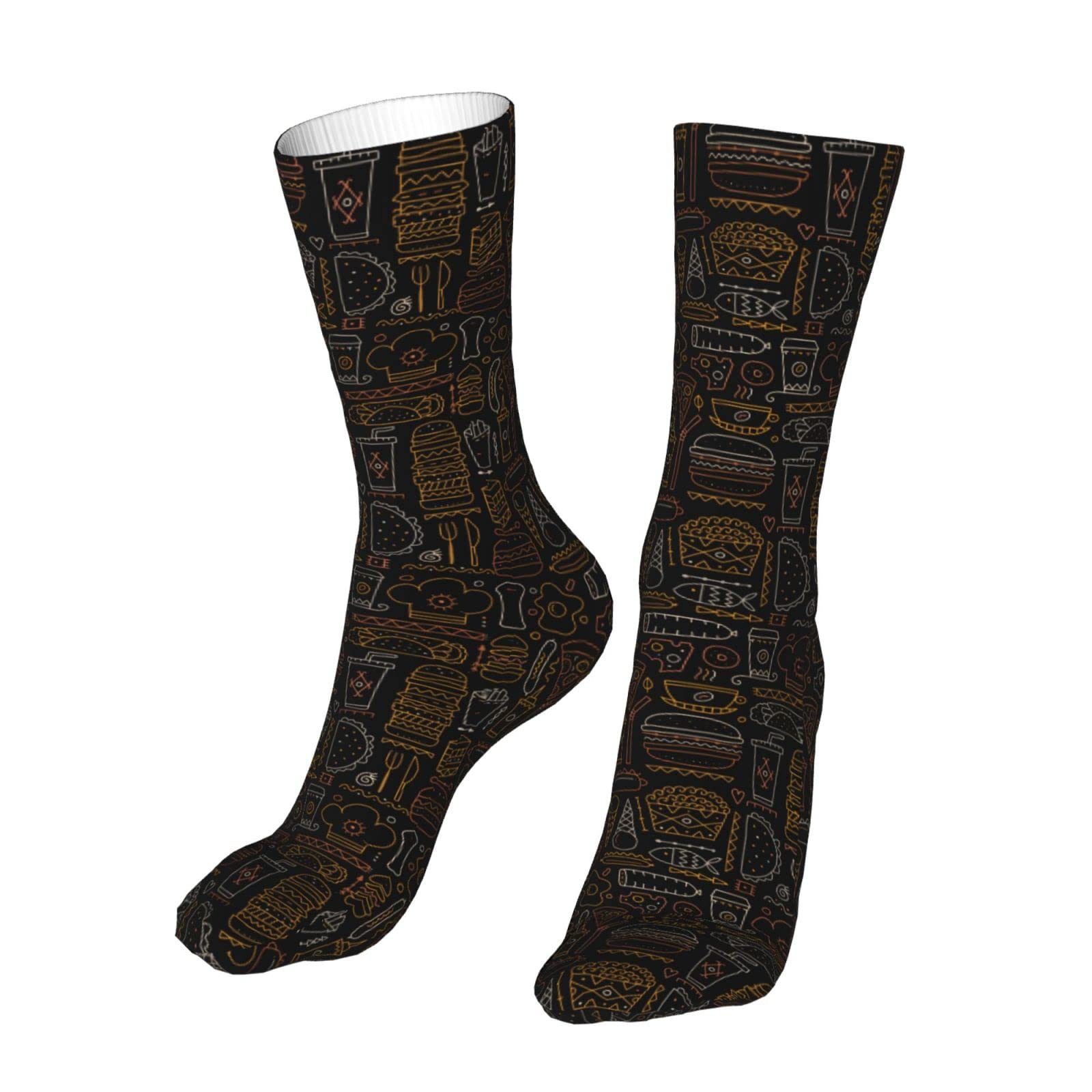 Trendy Black Fast Food Hamburger Pizza Novelty Crew Socks for Women & Men - Comfortable Sports Outdoor Casual Socks for Everyday Wear, Gifts & Themed Parties