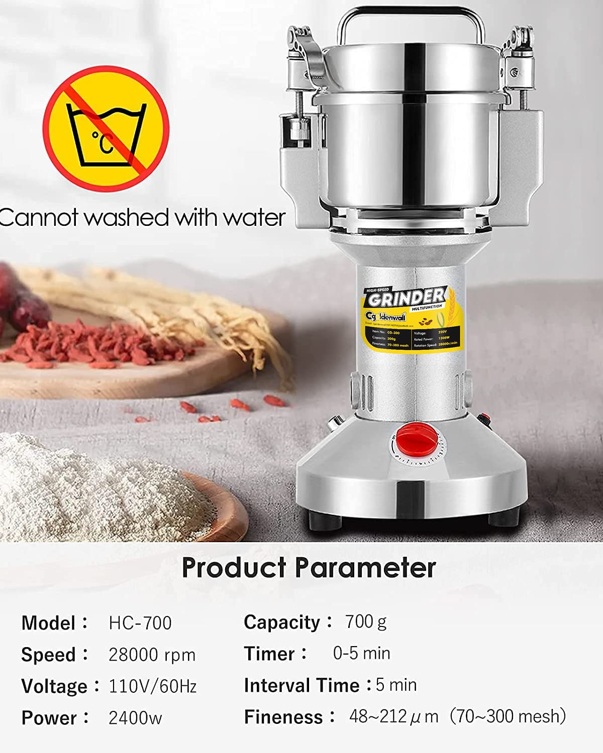 CGOLDENWALL 2400W Commercial Electric Grain Grinder Mill - High-Speed Dry Spice & Herb Grinding Machine with Overload Protection, 700g Capacity, 110V (CE Certified) - Perfect for Home Kitchens, Coffee Shops, and Bakeries