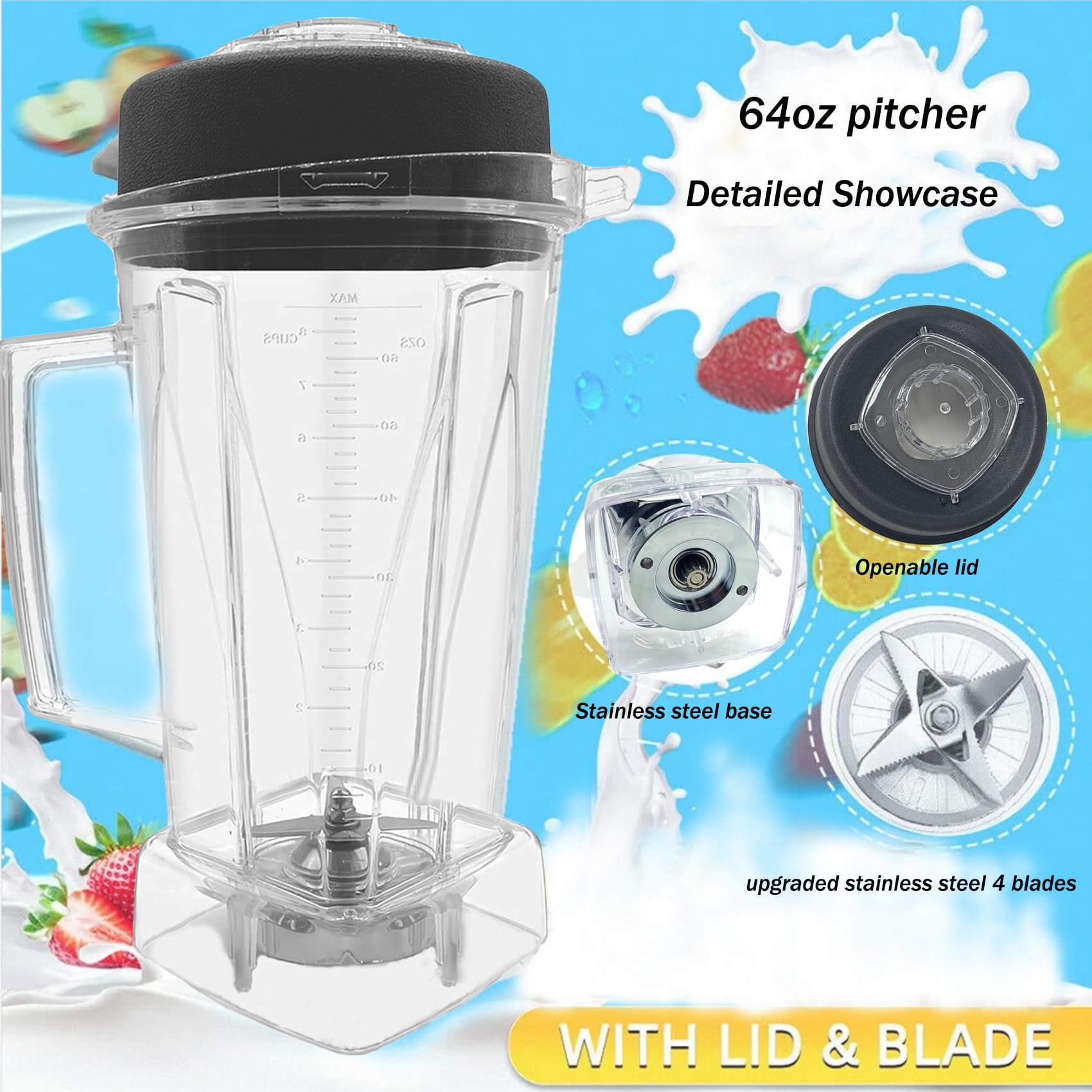 Vitamix Blender Pitcher Replacement - Clear 64oz Container Compatible with Vitamix C-Series E310, VM0101, VM102B Pro 300, 15856, 5000, 5200, 001195, 6300 Models - 3 Year Warranty - Perfect for Smoothies, Soups, Nut Butters & Food Prep