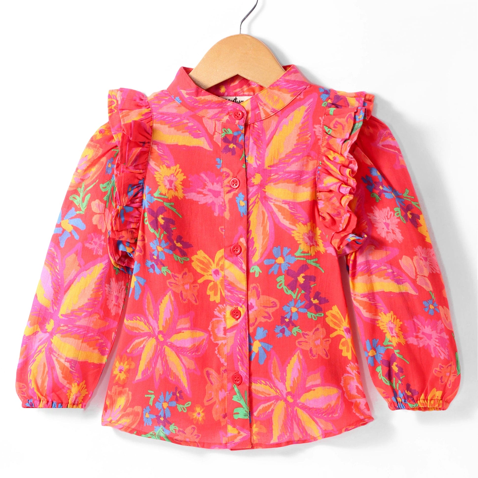 Pre Order: Red Big Floral Print Top with Frilled Armholes - Perfect for Summer Outfits, Beach Vacations & Boho Fashion