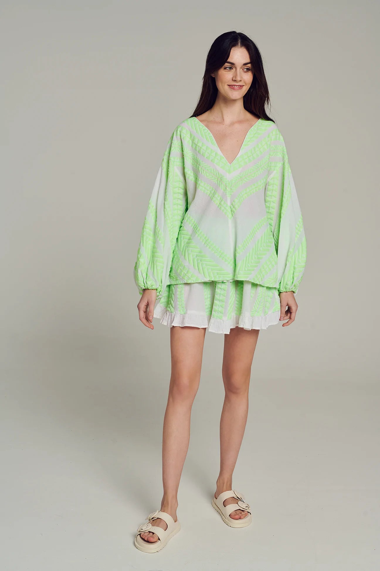 Elasa Blouse Women's Fashion Top - Lime Green & White Striped Casual Shirt for Spring Summer | Office Wear, Date Night, Weekend Outfits