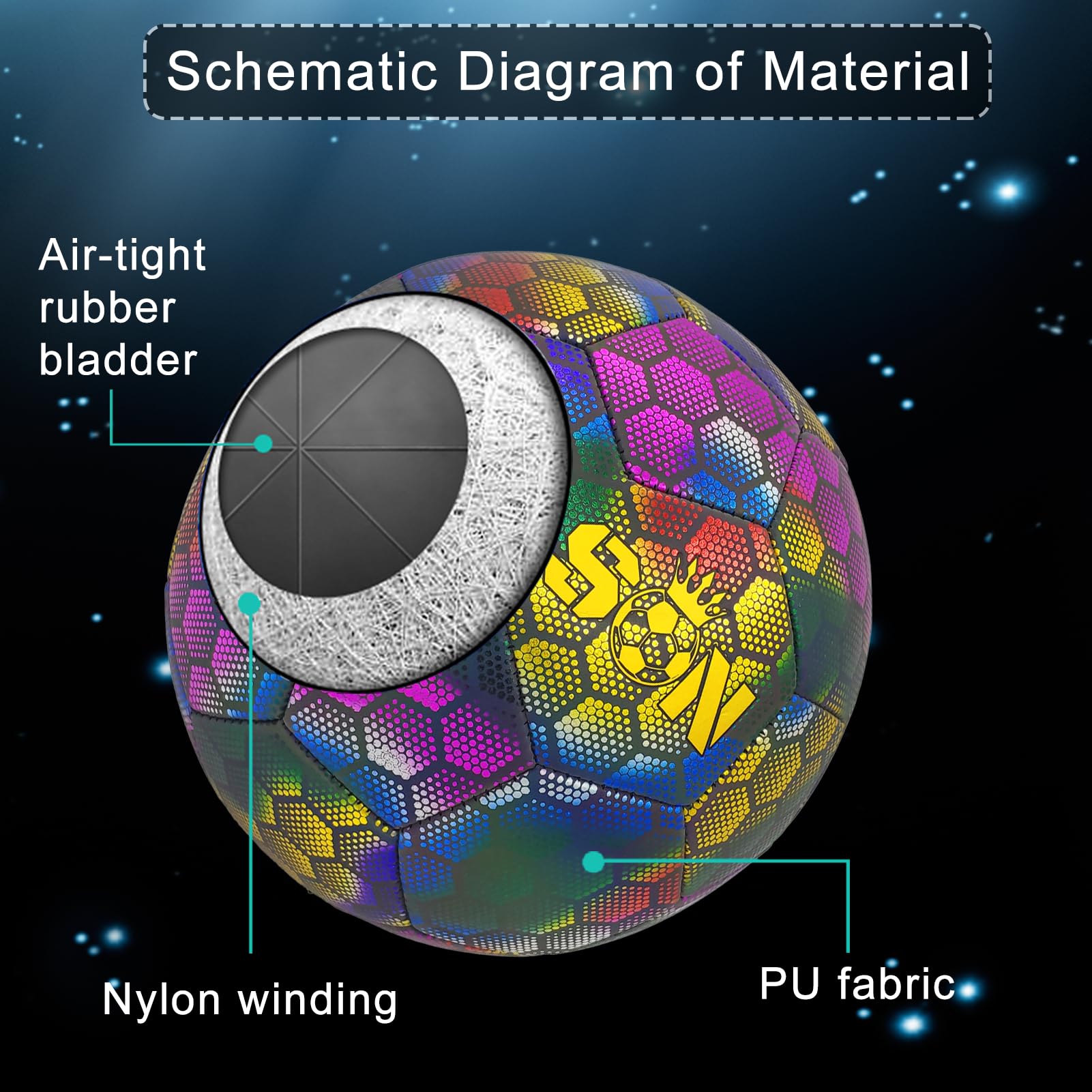 Glowing Holographic Reflective Soccer Ball for Men & Youth - Indoor/Outdoor Training & Night Games - Perfect for Evening Matches, Backyard Practice, and Low-Light Conditions