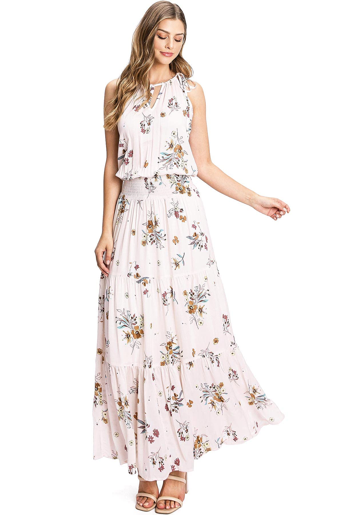 LoveStitch Women's High Neck Halter Smocked Waist Maxi Dress - Elegant Summer Beach Wedding Party Wear for Women