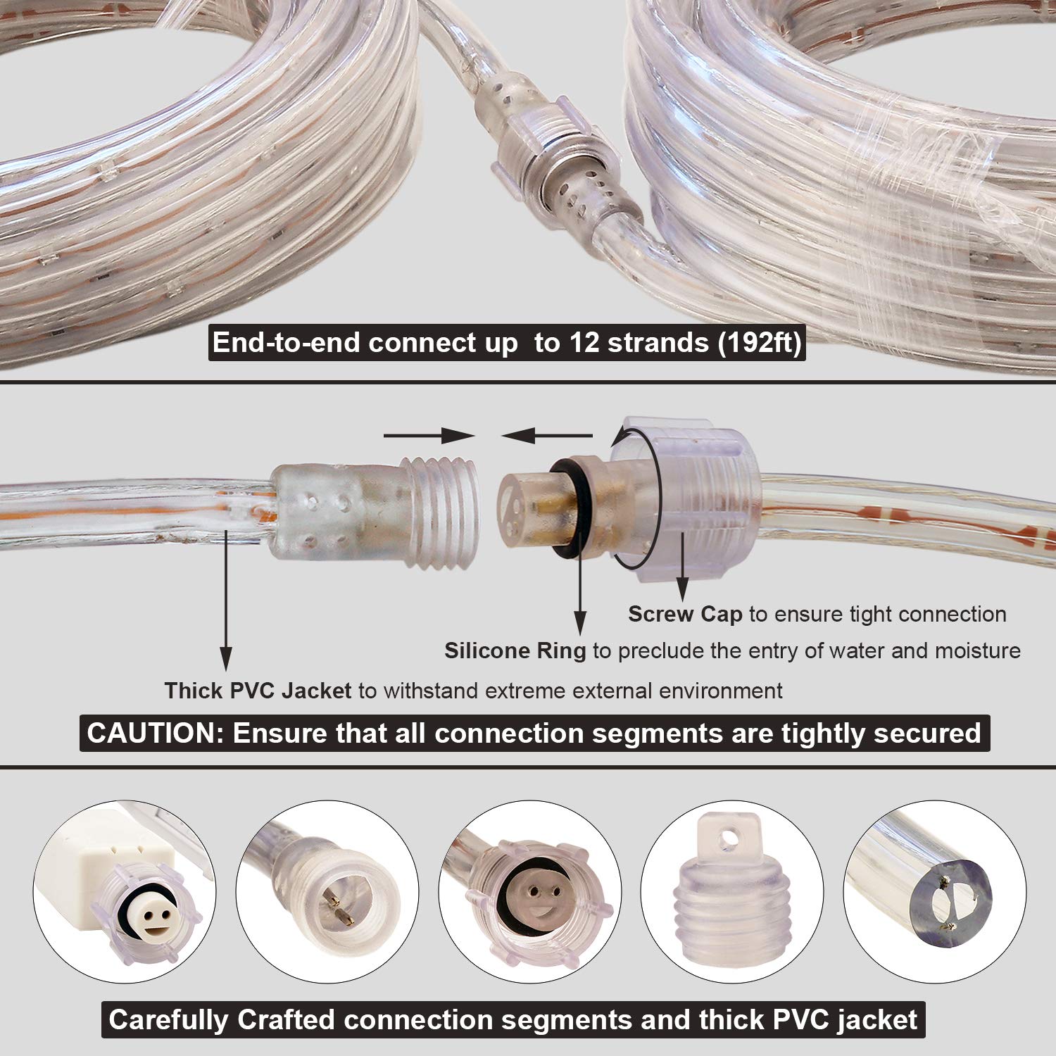 16ft Warm White LED Rope Lights - Connectable Flexible Strip Lights with Fuse Holder, Clear Thick PVC Jacket & High Brightness LEDs - Waterproof Indoor/Outdoor Lighting for Patio, Garden, Christmas Decor